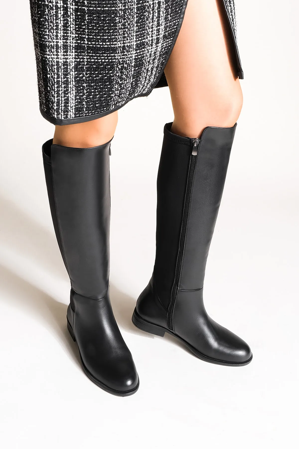 Marjin  Damen Stiefeletten aus echtem Leder mit Stretchanteil, elastisch, kniehoch, Reißverschluss, Zolen Schwarz