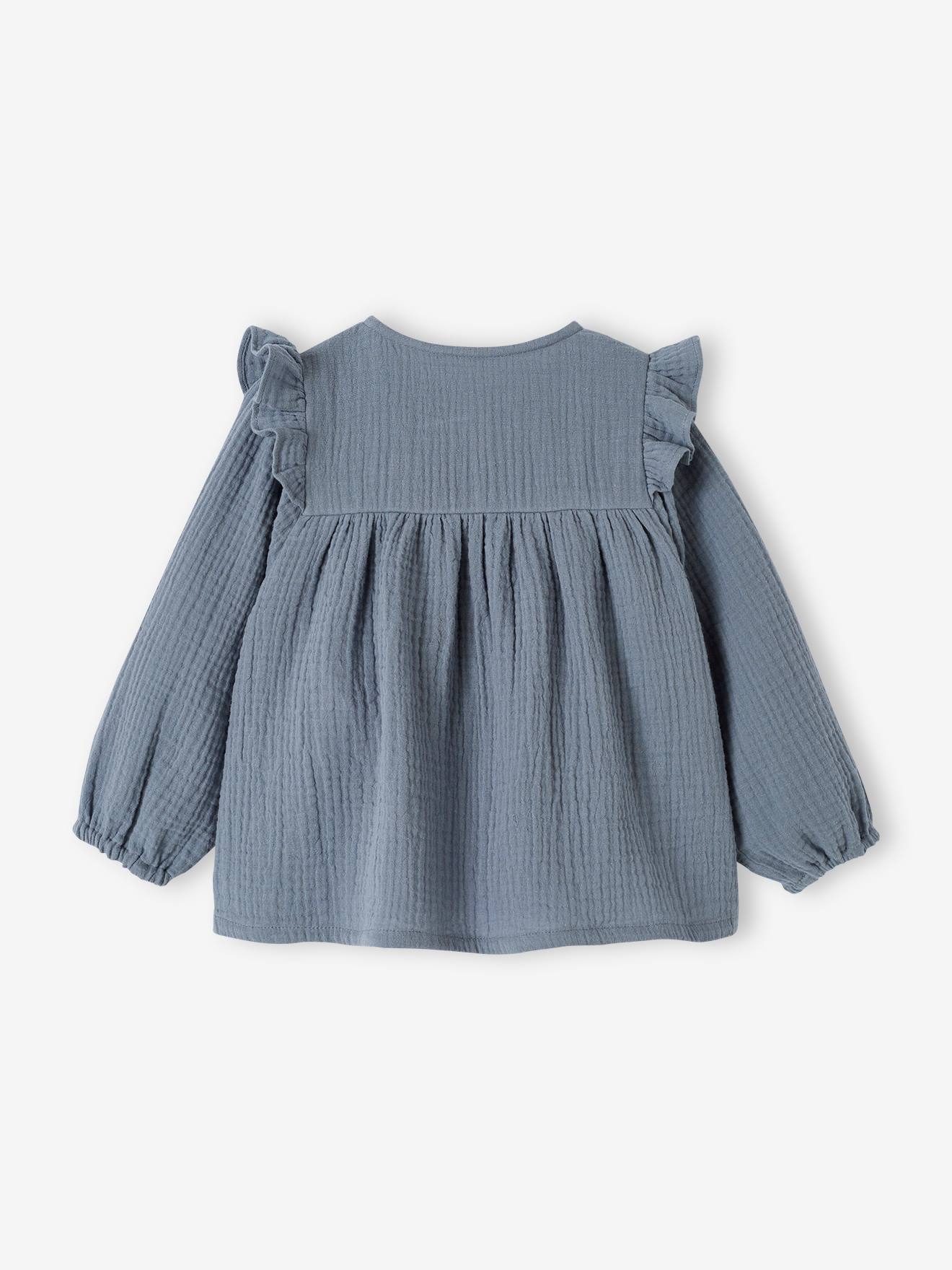 Blouse à volants bébé en gaze de coton bleu ciel