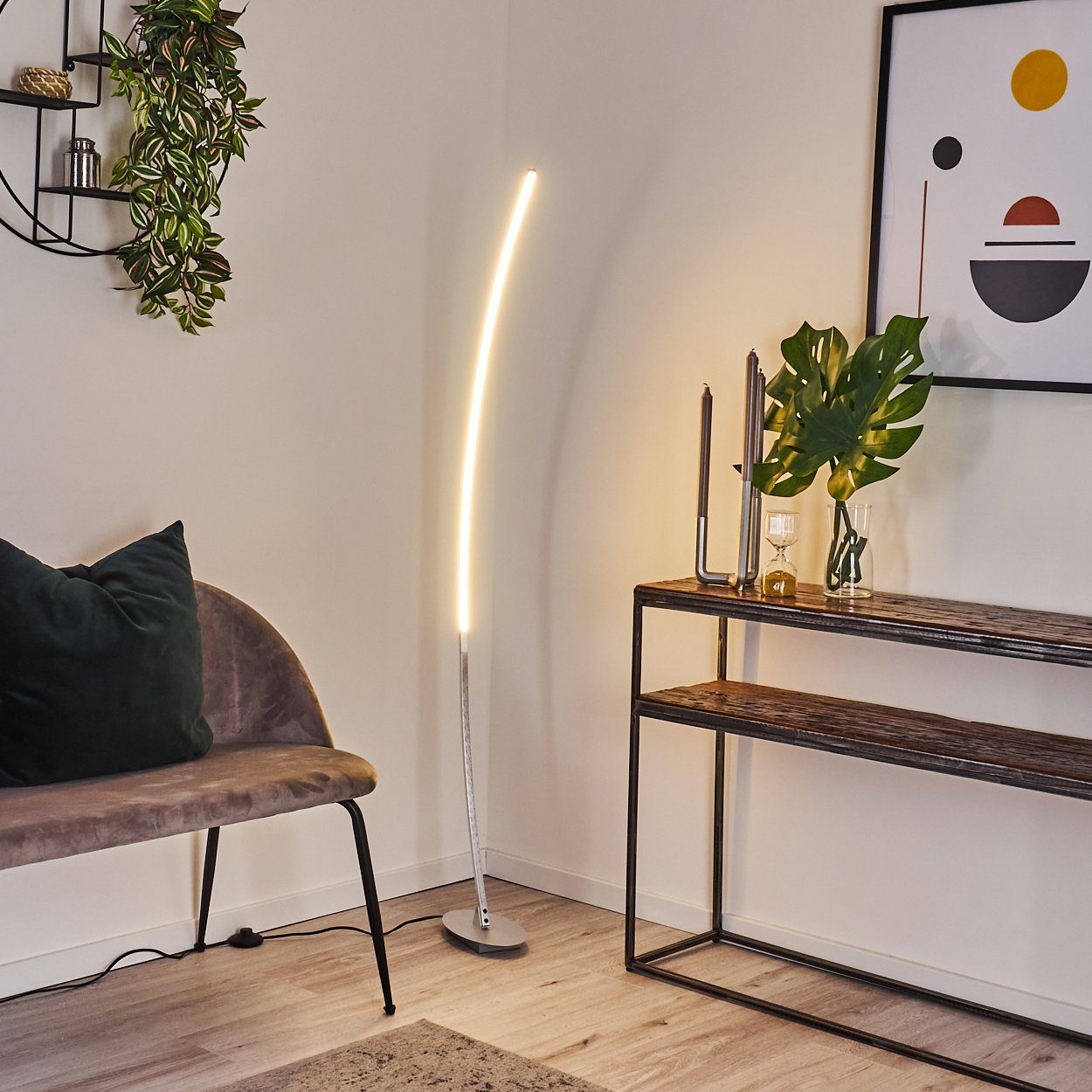 hofstein Stehlampe Brie LED Designer Standlampe in Aluminiumgebürstet, gebogene Stehleuchte mit Fußschalter und Kabel, halbrund, Leselampe