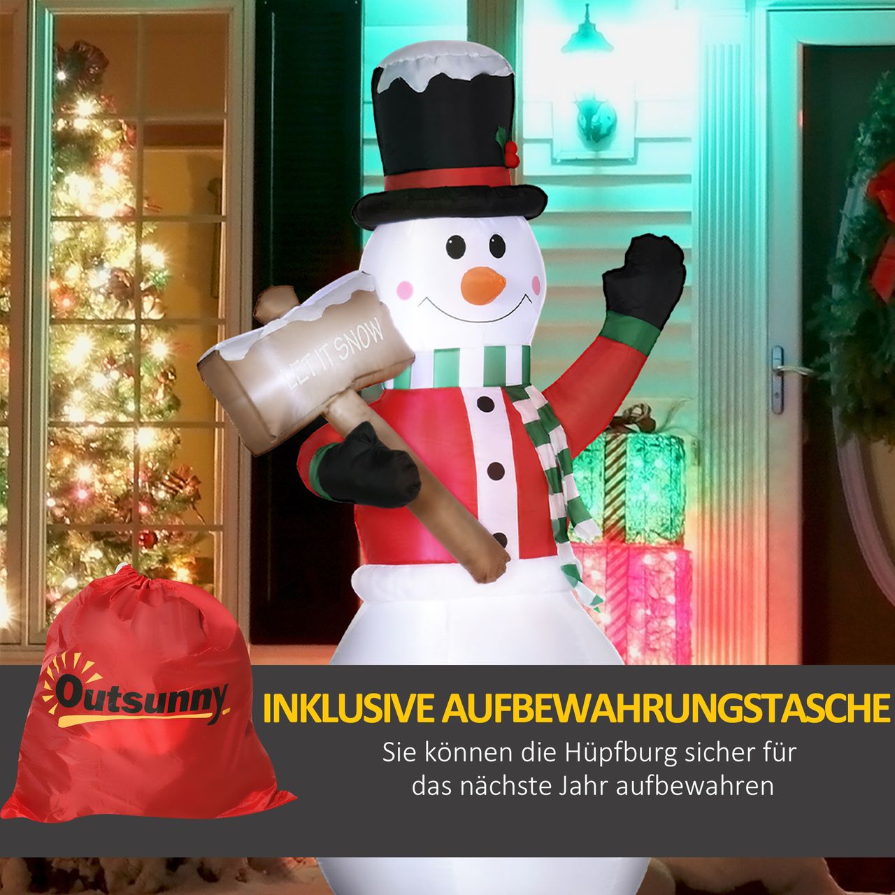 Outsunny 180 cm Aufblasbarer Schneemann mit Schild Weihnachtsdeko mit LED-Licht