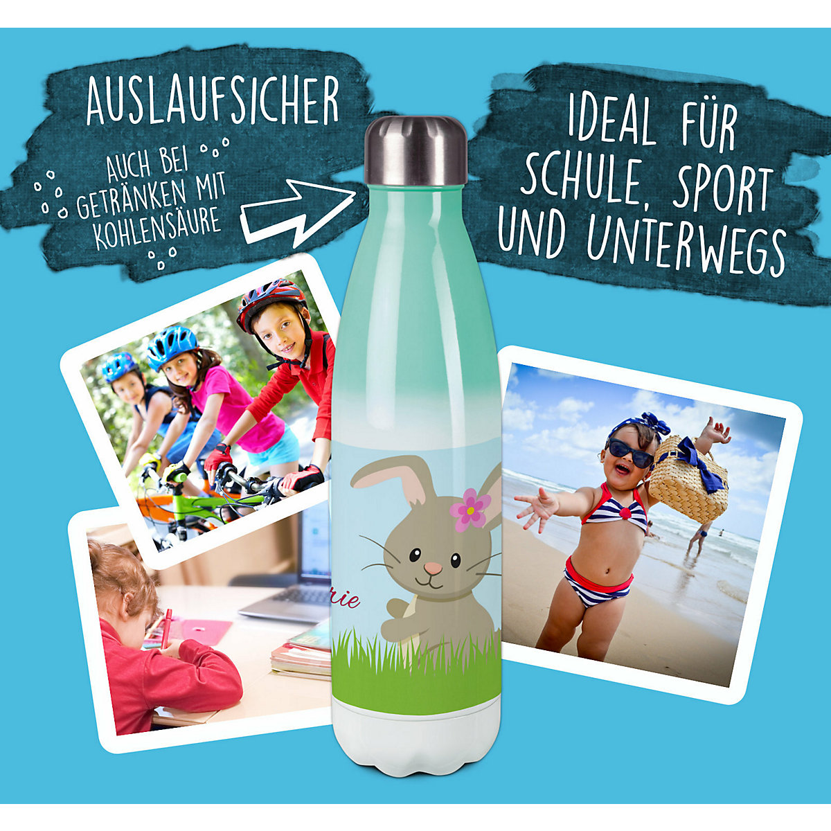 Edelstahl Kinder Thermoflasche / Trinkflasche bunt Hase Spülmaschinenfest, Auslaufsicher, Bruchfest, Doppelwandig, Für Heißgetränke geeignet, Mit Deckel, Isoliert