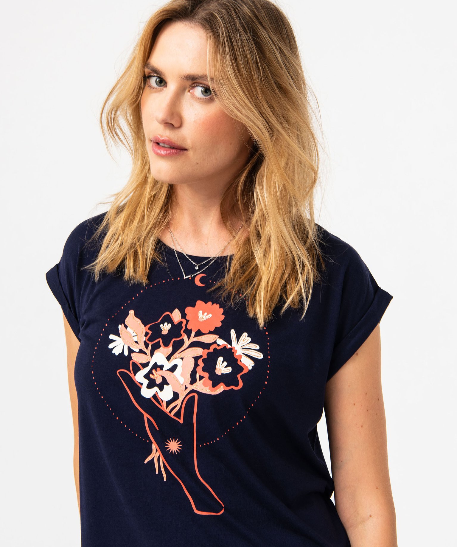 Tee-shirt à manches courtes avec motif fleuri femme marine | GEMO