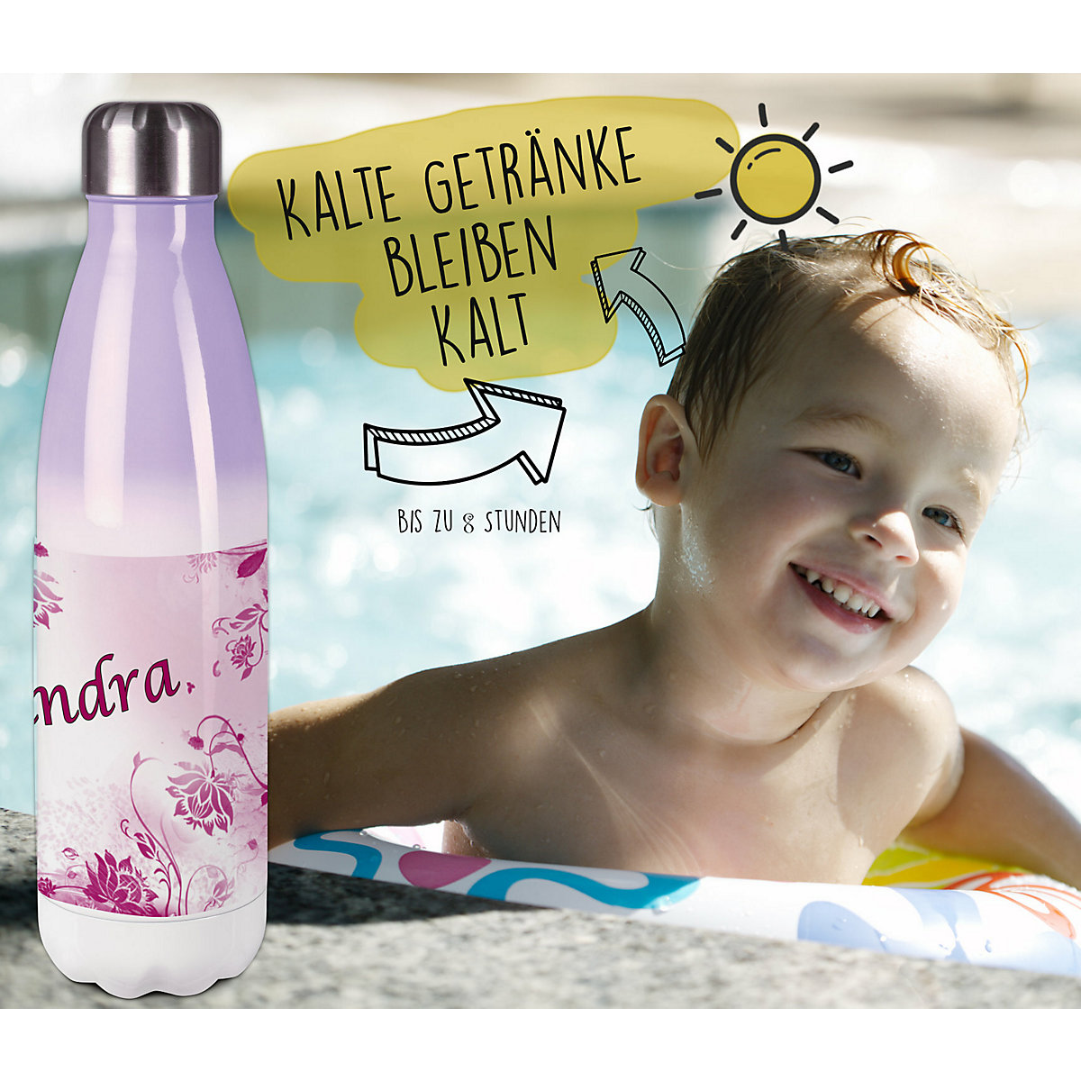 Edelstahl Kinder Thermoflasche / Trinkflasche bunt Blumenranke Farbe brombeere Spülmaschinenfest, Auslaufsicher, Bruchfest, Doppelwandig, Für Heißgetränke geeignet, Mit Deckel, Isoliert