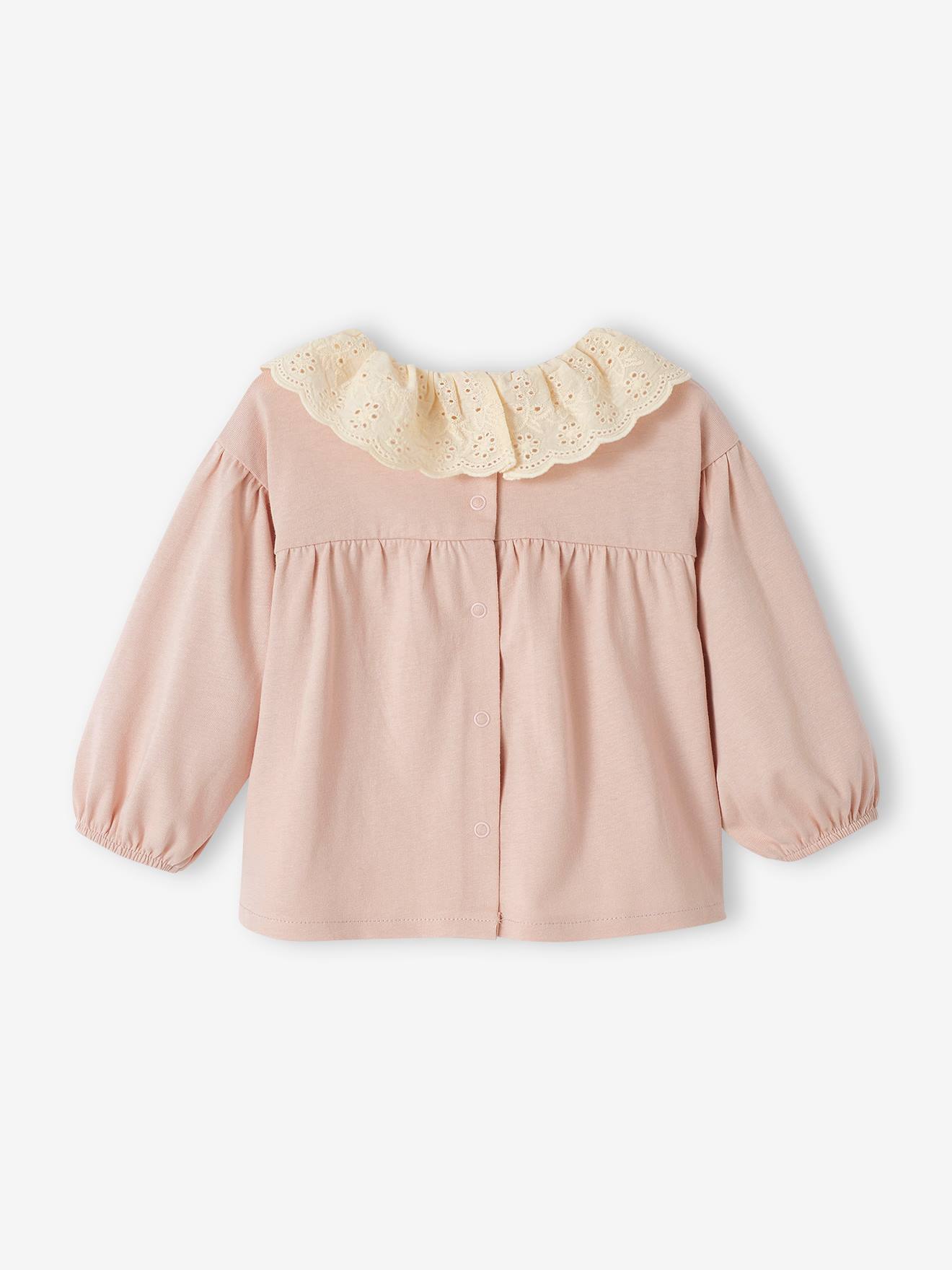 Tee-shirt col en broderie anglaise bébé manches longues rose pâle
