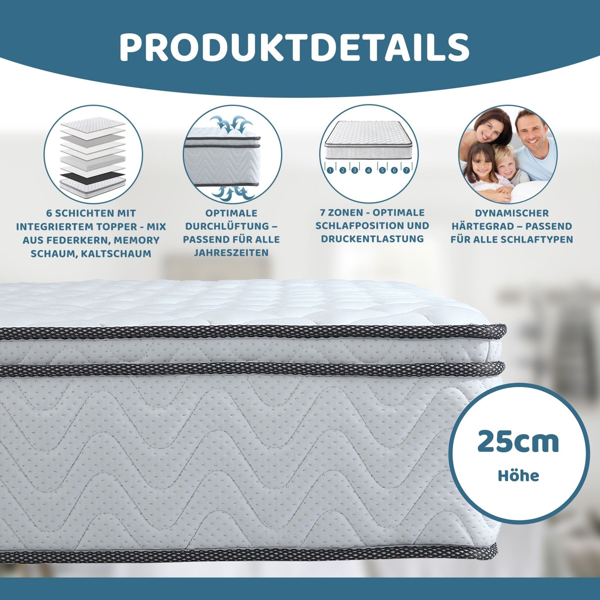 Taschenfederkernmatratze Arensberger Taschen Federkernmatratze mit integriertem Topper VIKTORIA, Arensberger, 25 cm hoch, (90 x 200cm), Höhe 25cm, Taschenfederkernmatratze mit Kaltschaum