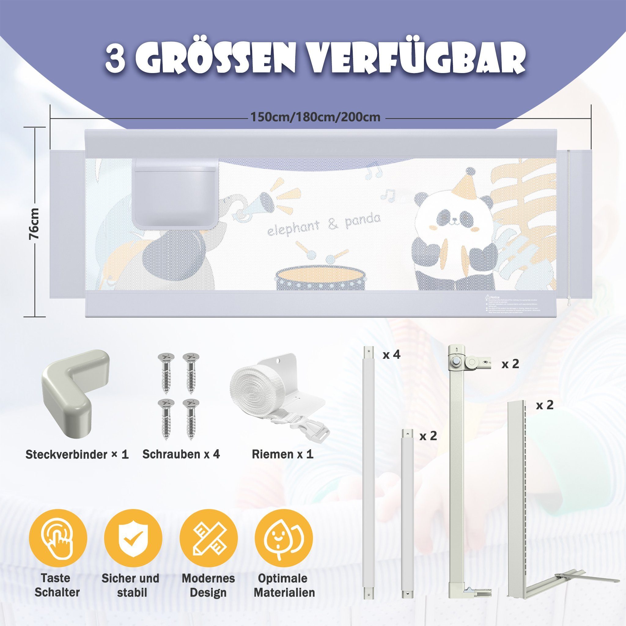 UISEBRT Bettschutzgitter Bettgitter Rausfallschutz Babybettgitter 150/180/200cm