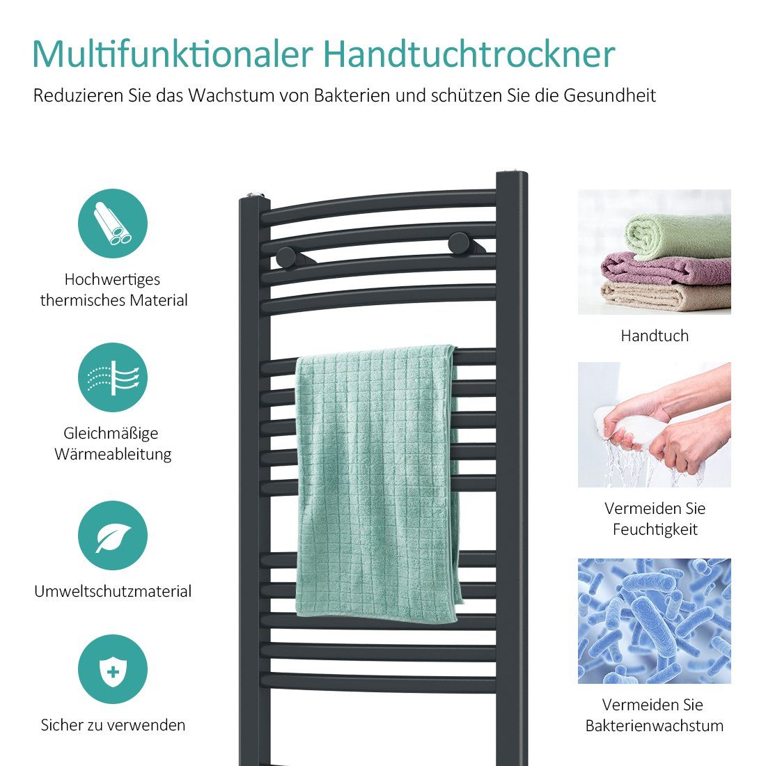 EMKE Elektrischer Badheizkörper Gebogen Badheizkörper Elektrisch mit Thermostat, Handtuchtrockner mit Heizstab,246-292W,Weiß/Anthrazit