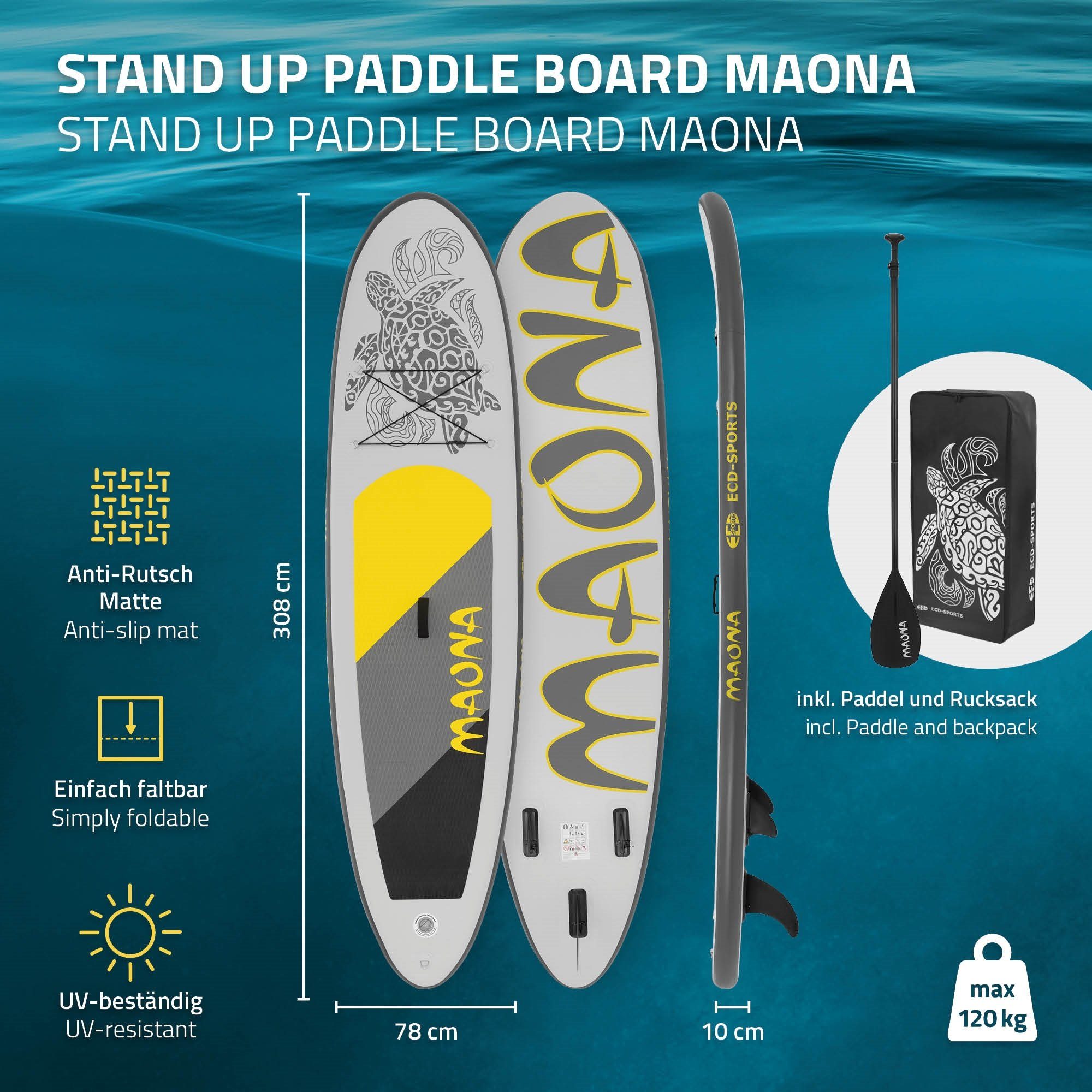 ECD Germany SUP-Board Aufblasbares Stand Up Paddle Board Maona Surfboard, Grau 308x76x10cm PVC bis 120kg Pumpe Tragetasche Zubehör