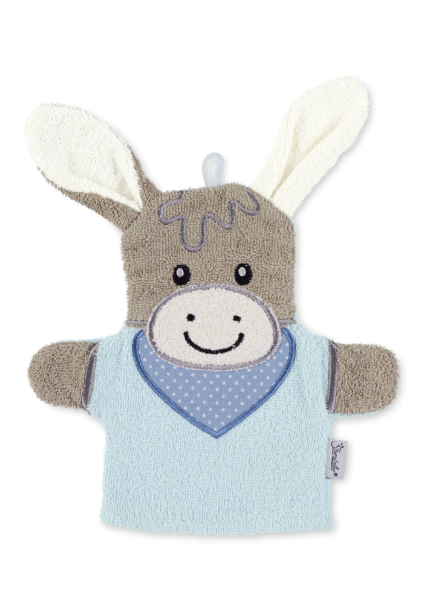 Sterntaler® Waschhandschuh Waschhandschuh Emmi (Esel Emmi, 1-tlg., Baby Waschlappen 2 in 1 Waschlappen und Handpuppe), Waschlappen aus Frottee, Waschhandschuh mit süßen Figuren
