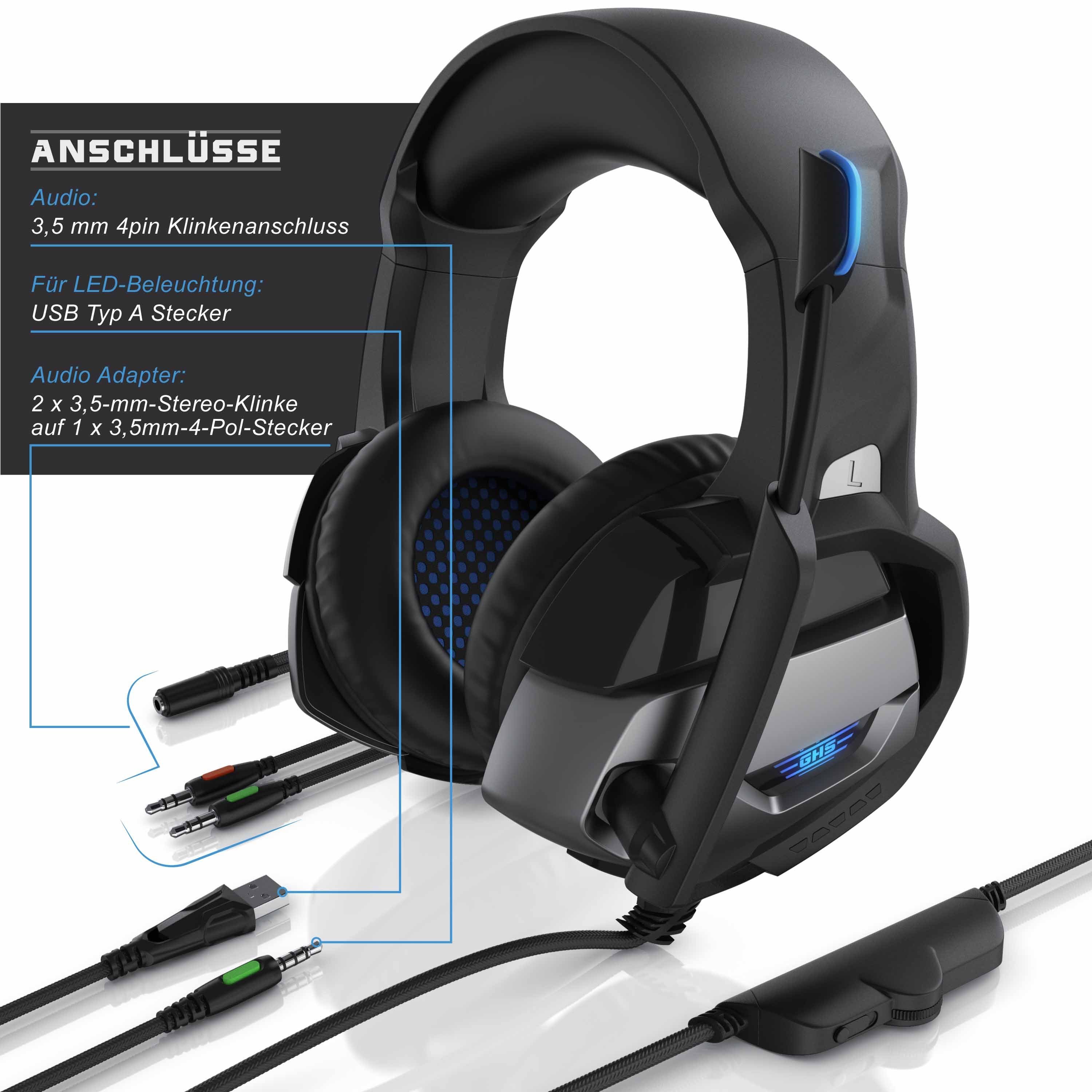 CSL Gaming-Headset (Blaue LED-Beleuchtung; Kopfbügel variabel verstellbar; Bietet kristallklaren Hoch-, Mittel- und Tieftonbereich + dynamische Basswiedergabe, Gaming Headset 