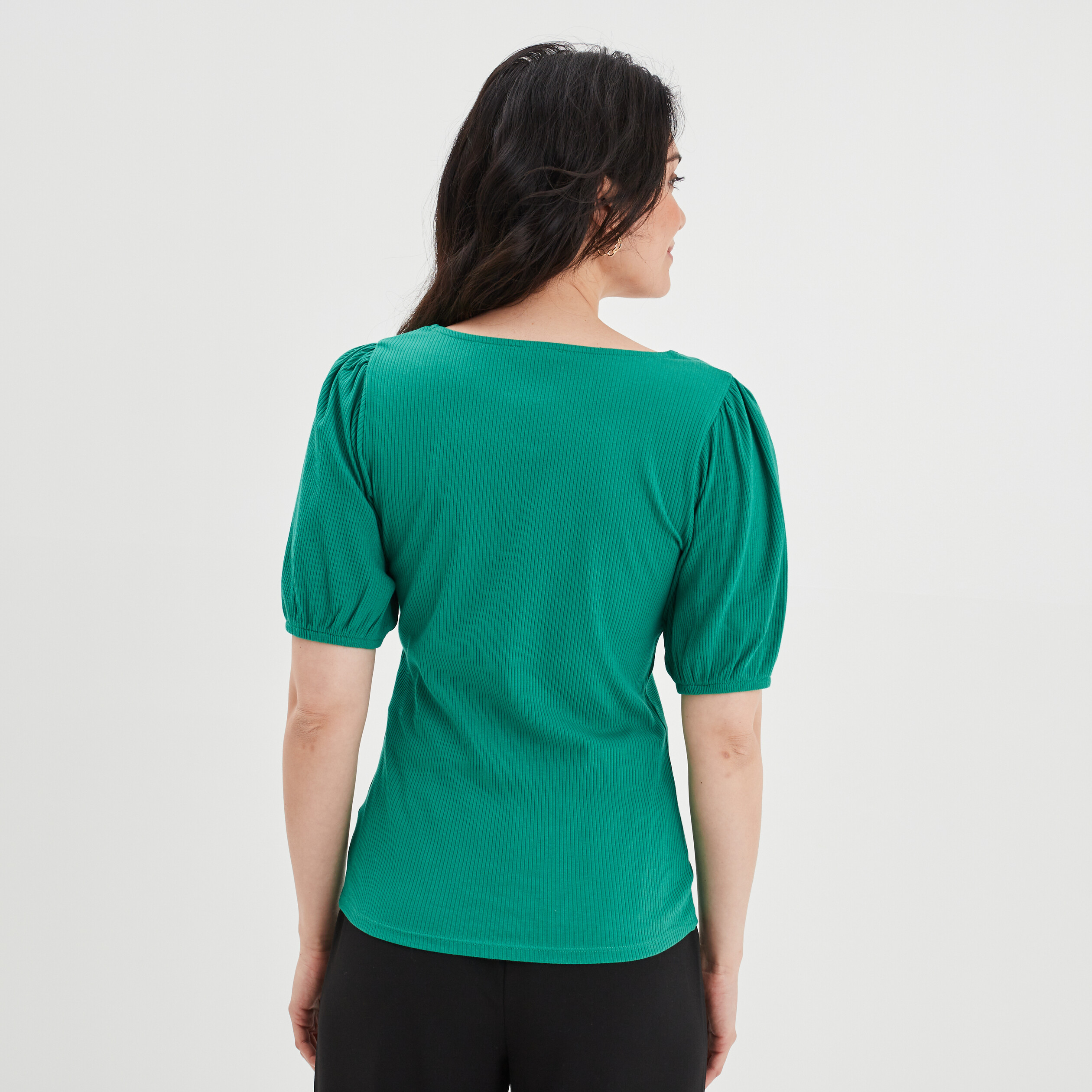 T-shirt manches ballons col en V vert émeraude femme | La Halle