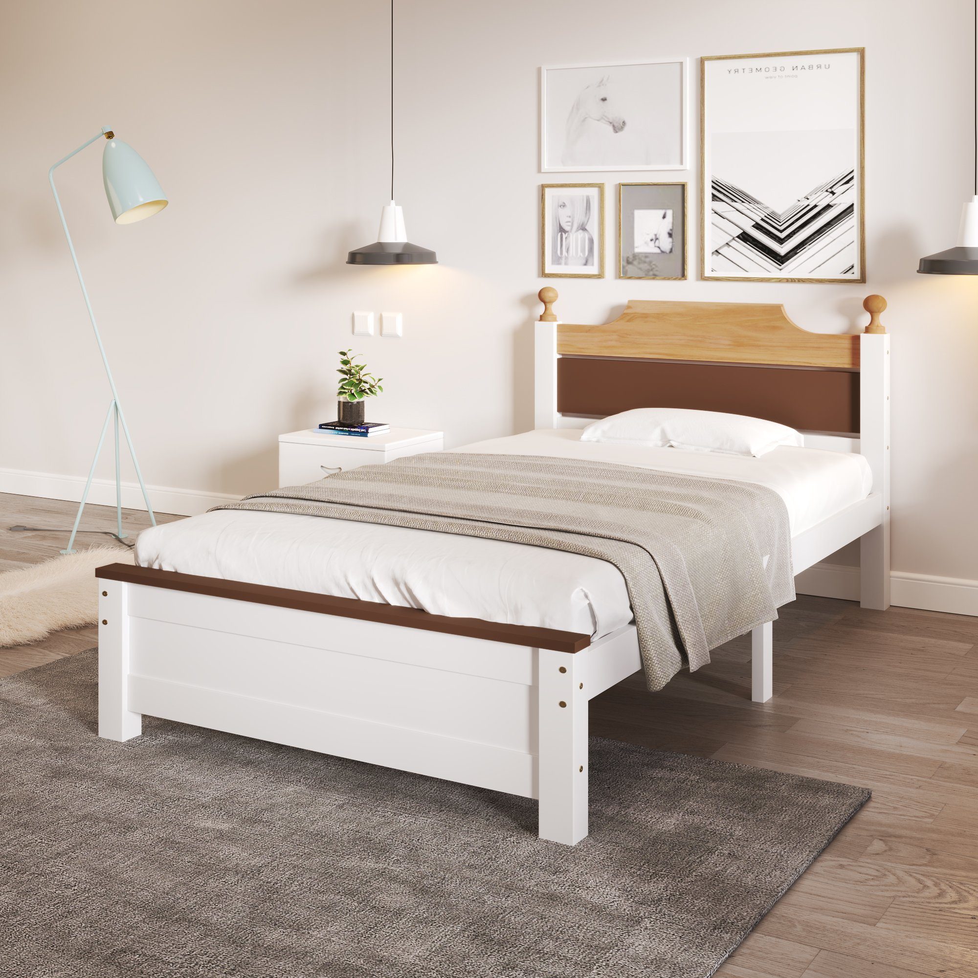 HAUSS SPLOE Holzbett Einzelbett Holzbett Bettrahmen Kinderbett Jugendbett (90x200 cm, Kiefernholzrahmen mit Mittelfuß), ohne Matratze