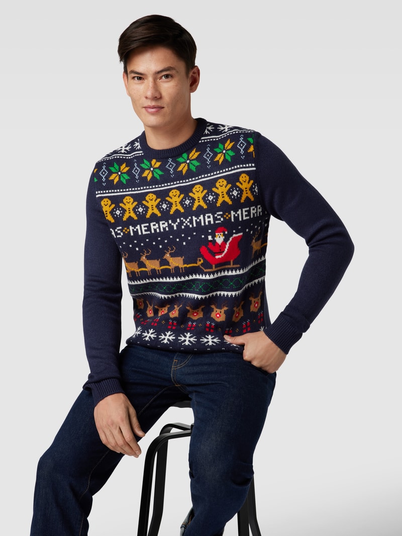 Strickpullover mit Motiv-Stitching in marineblau