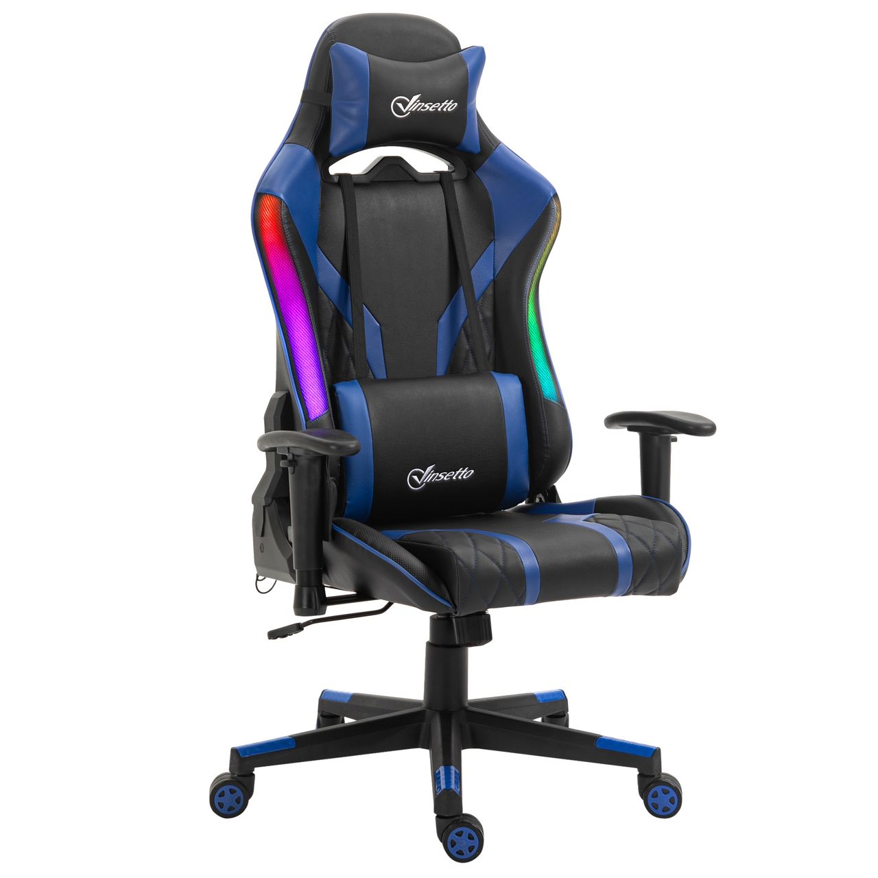 Vinsetto Bürostuhl LED Gaming Stuhl ergonomischer Drehstuhl mit Liegefunktion Handlauf anhebbar Schaumstoff Kunstleder Nylon Schwarz Blau 70 x 57,5 x 126-136 cm