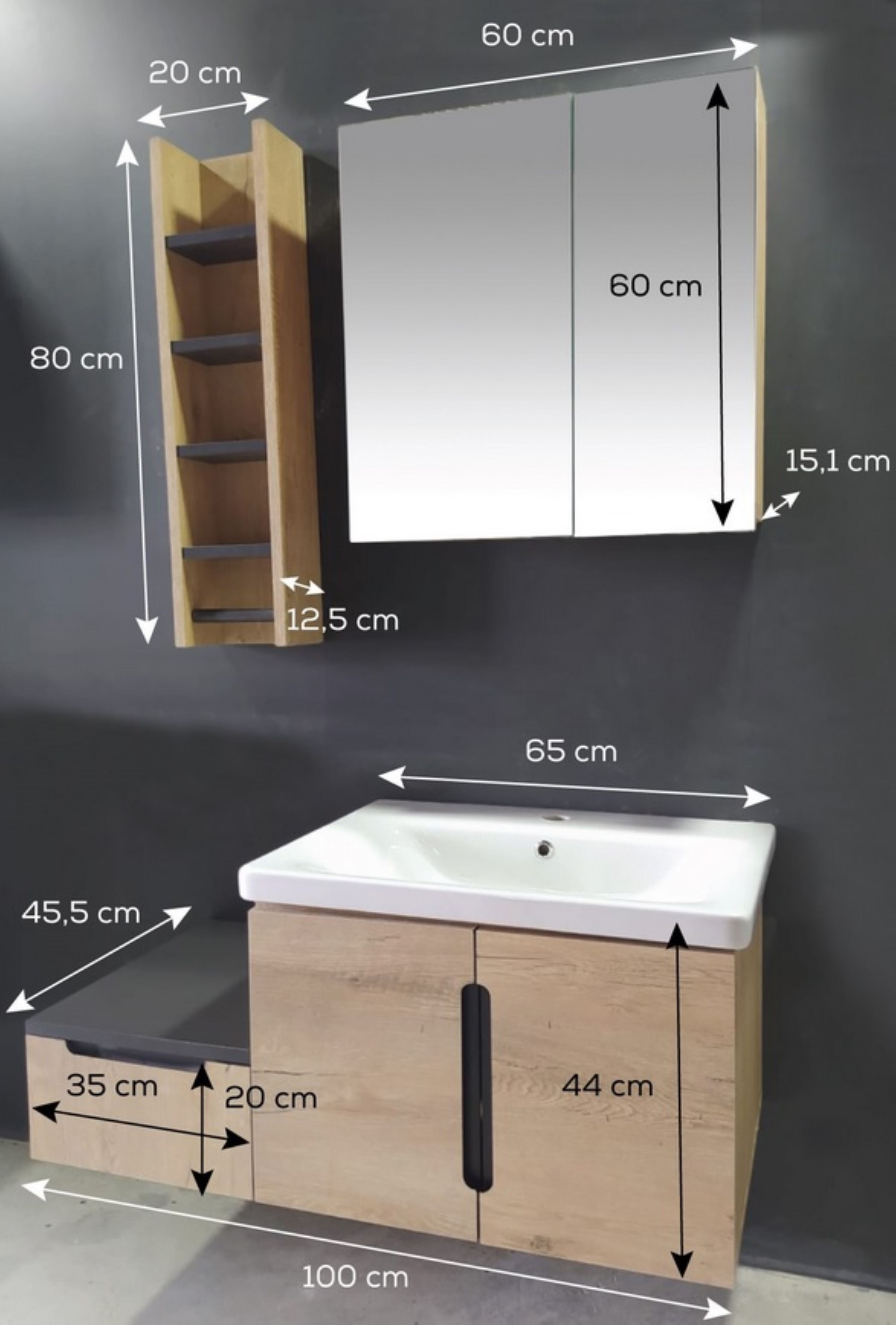 All-4-Home Badezimmer-Set Calla, (Set, 4-St., Spiegelschrank, Unterschrank mit Waschbecken, Beischrank, Regal), Softclose-Funktion, Keramik-Waschbecken, Vormontiert