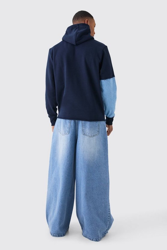 Kastiger gespleißter Jersey-Hoodie mit Denim-Streifen