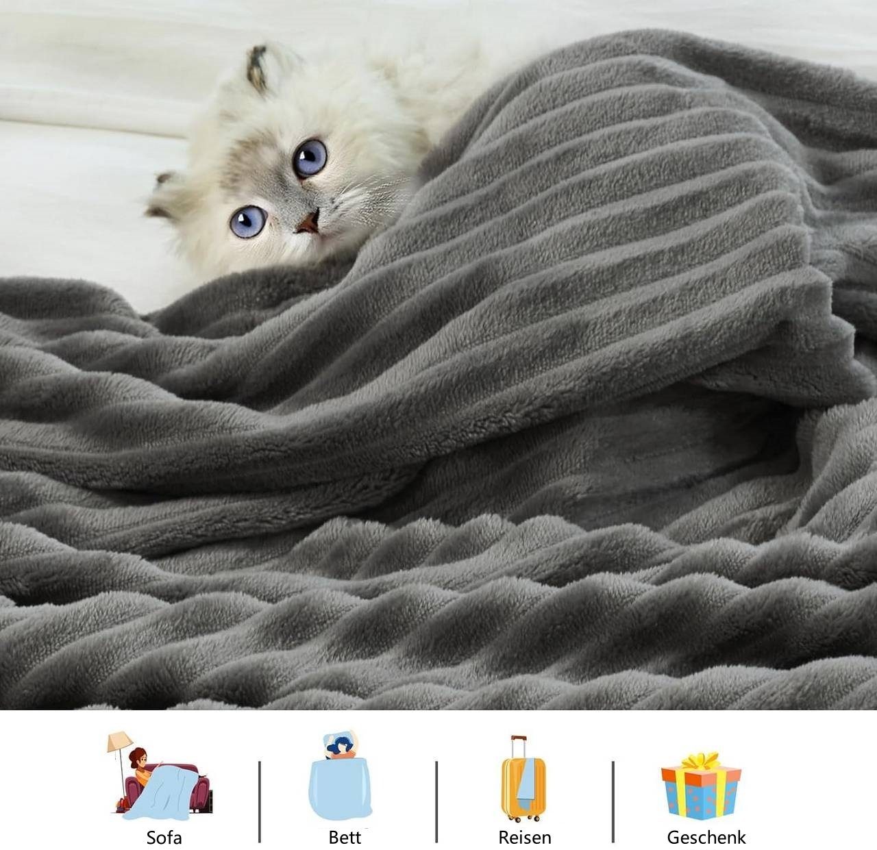 Wohndecke, Woltu, Kuscheldecke Flanell mit Streifenmuster