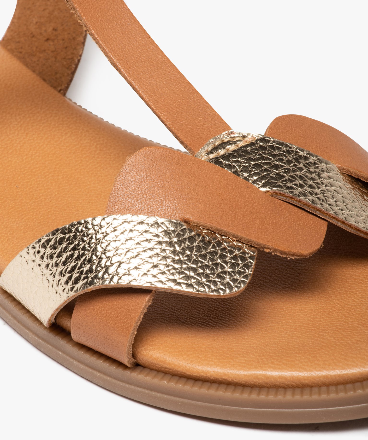 Sandales femme plates dessus cuir détails métal - Tanéo marron | GEMO