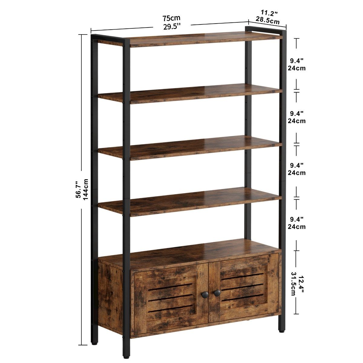 MULISOFT Bücherregal Bücherregal 5 Fächer, Aufbewahrungsregal mit Metallrahmen 75x28x144cm, Standregal Bücherschrank mit Schrank für Wohnzimmer Büro