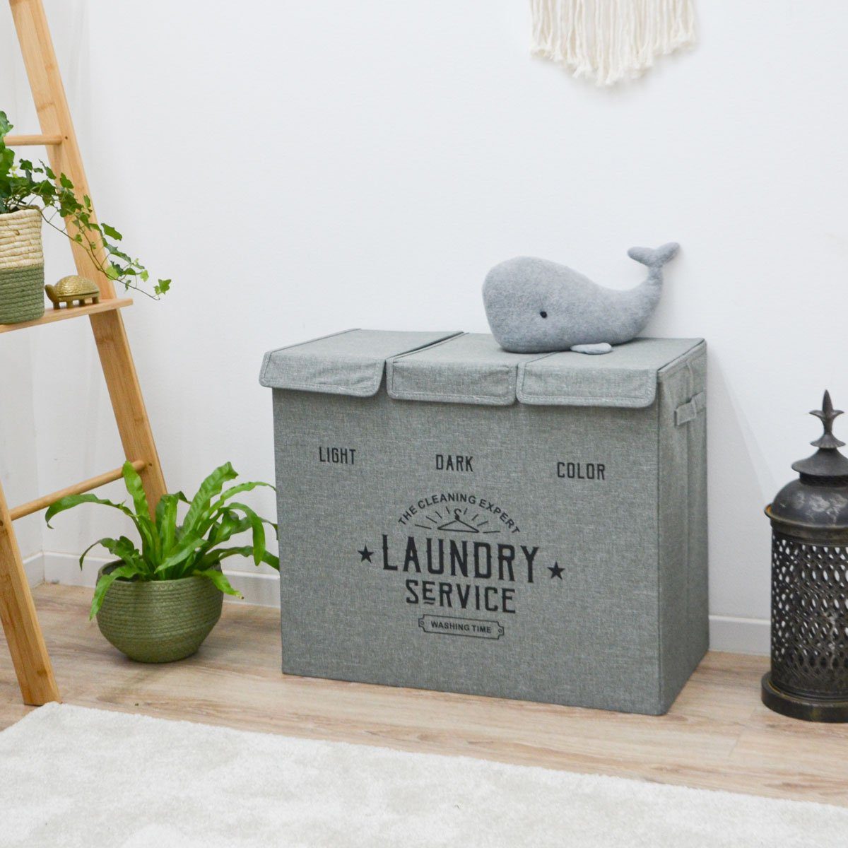 DuneDesign Wäschekorb 3 Fächer Wäschekorb mit Deckel 84L Wäschesammler, Faltbar - 60x30x50 Wäschebox