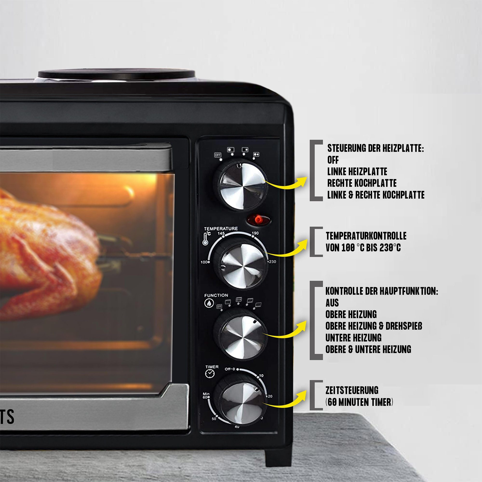 KB Elements Minibackofen ELK45V2, 45 Liter, 3200 Watt. 2x Kochplatten, Konvektionsgebläse