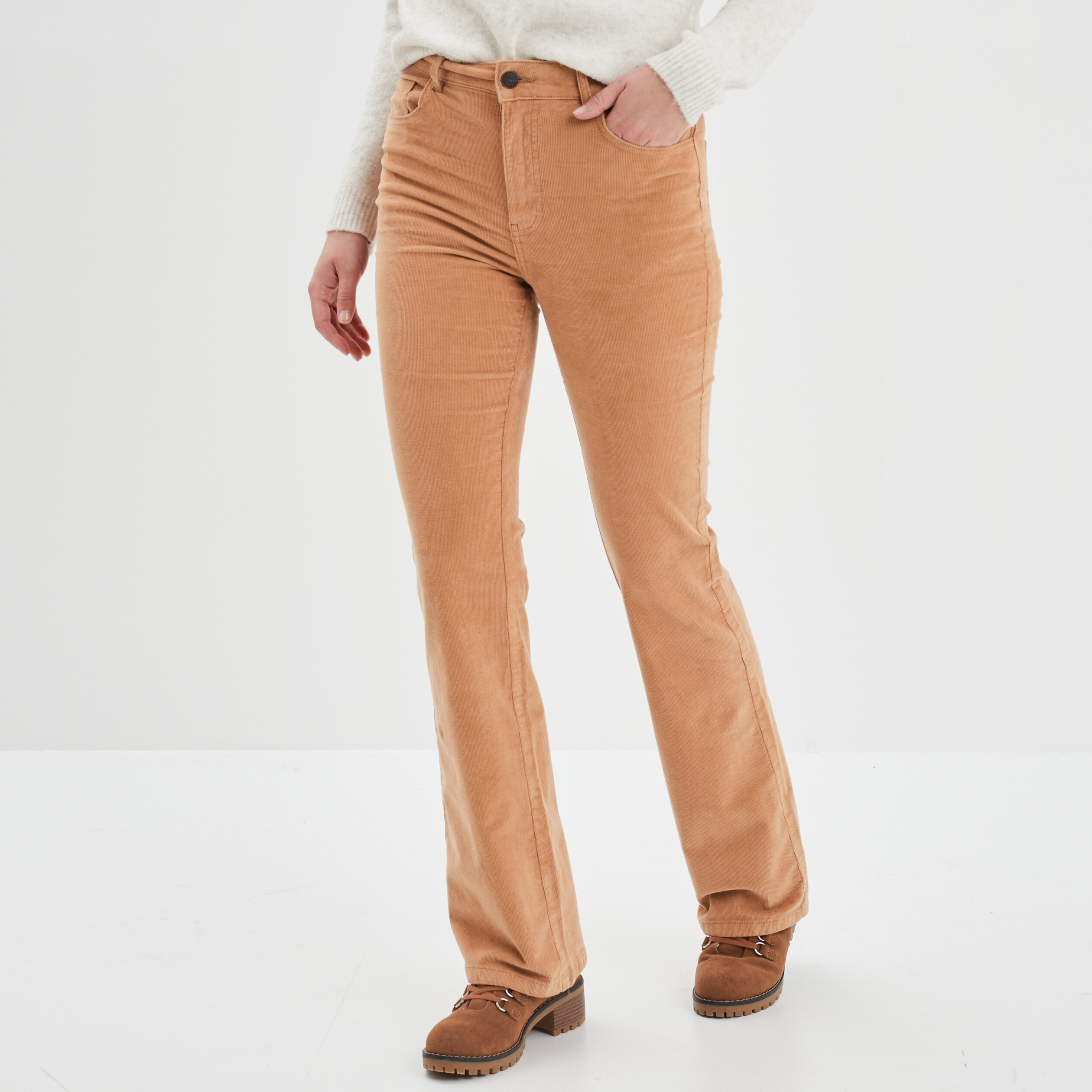 Pantalon velours flare taille standard marron clair femme | La Halle