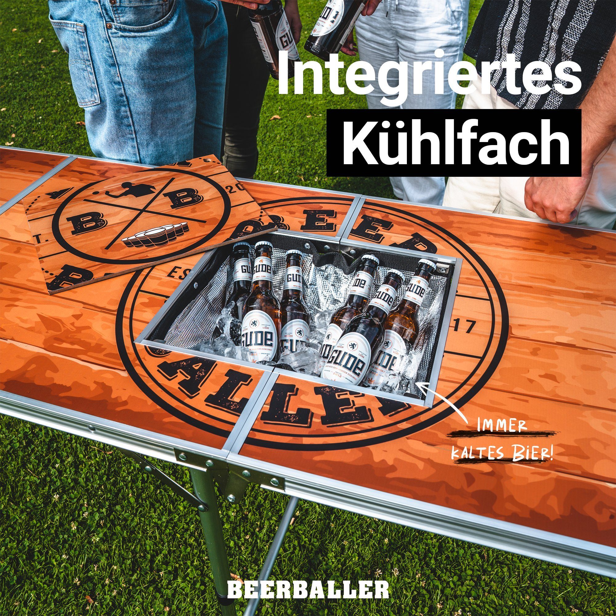 BeerBaller Klapptisch BeerBaller® Beer Pong Tisch Wood 'N' Ice - mit Kühlfach und Cupholdern