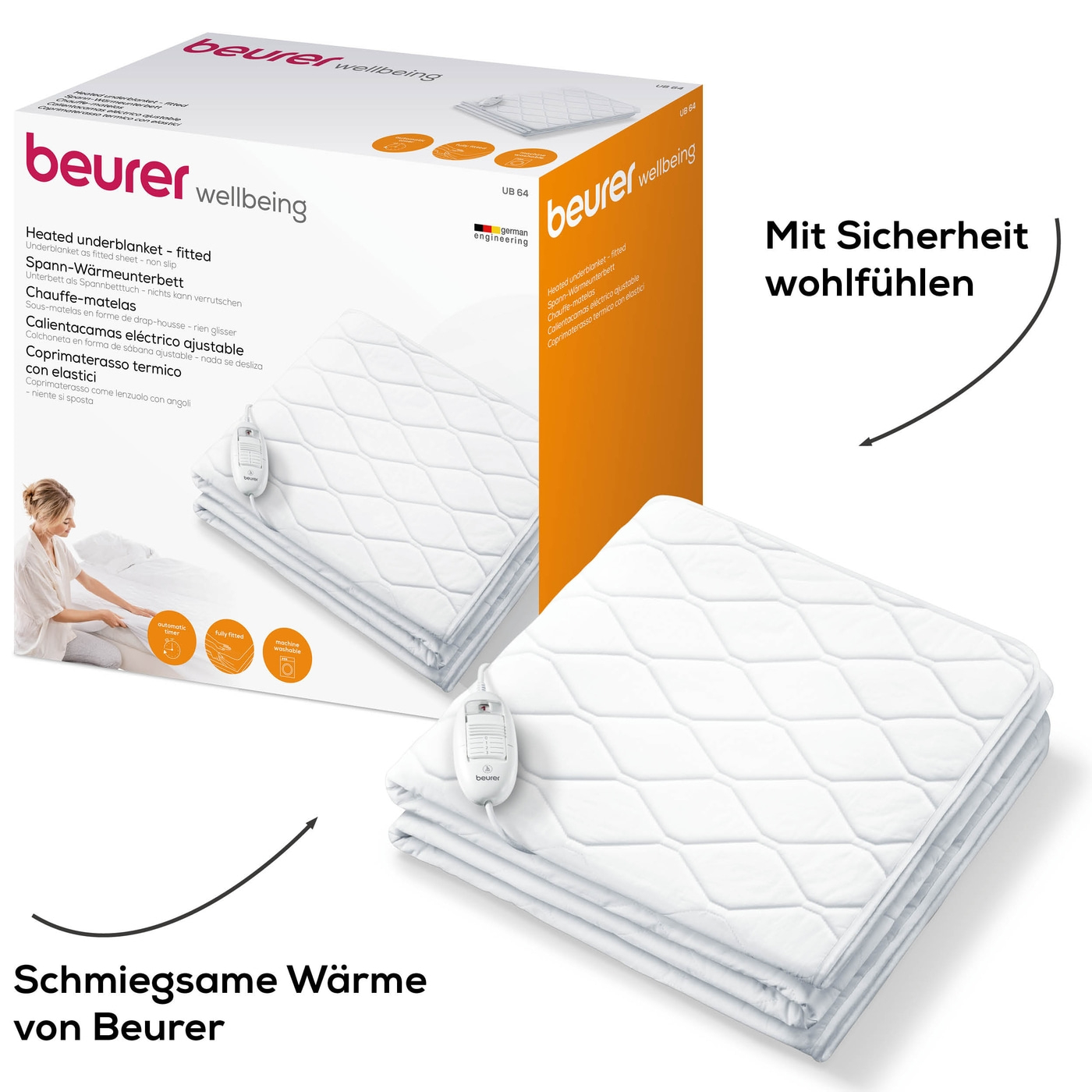 Beurer Spann-Wärmeunterbett UB 64-Wärmeunterbett als Spannbetttuch mit 3 Temperaturstufen - 200 x 100 cm