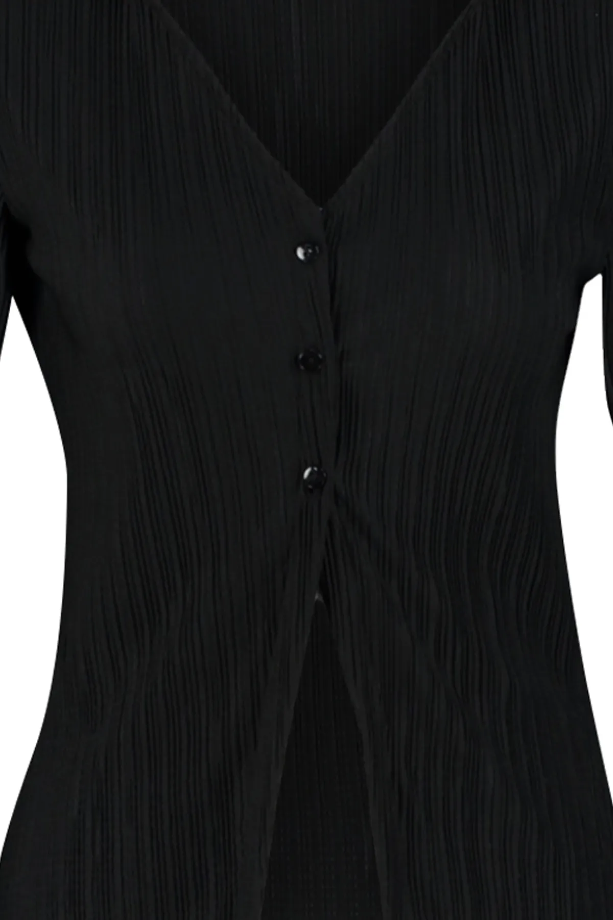 Trendyol Collection  Schwarzes Strickhemd mit ausgestellten Ärmeln und Falten und Knöpfen TWOSS23GO00165