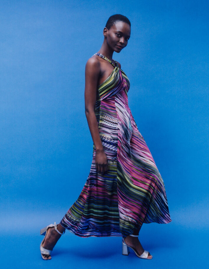 Robe longue imprimée à encolure nouée femme