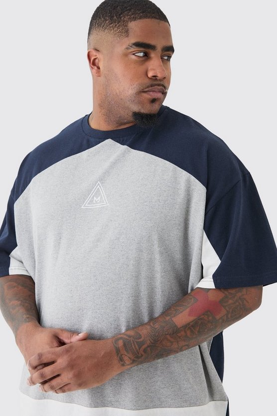 Plus Oversize Colorblock T-Shirt in Grau mit Logo