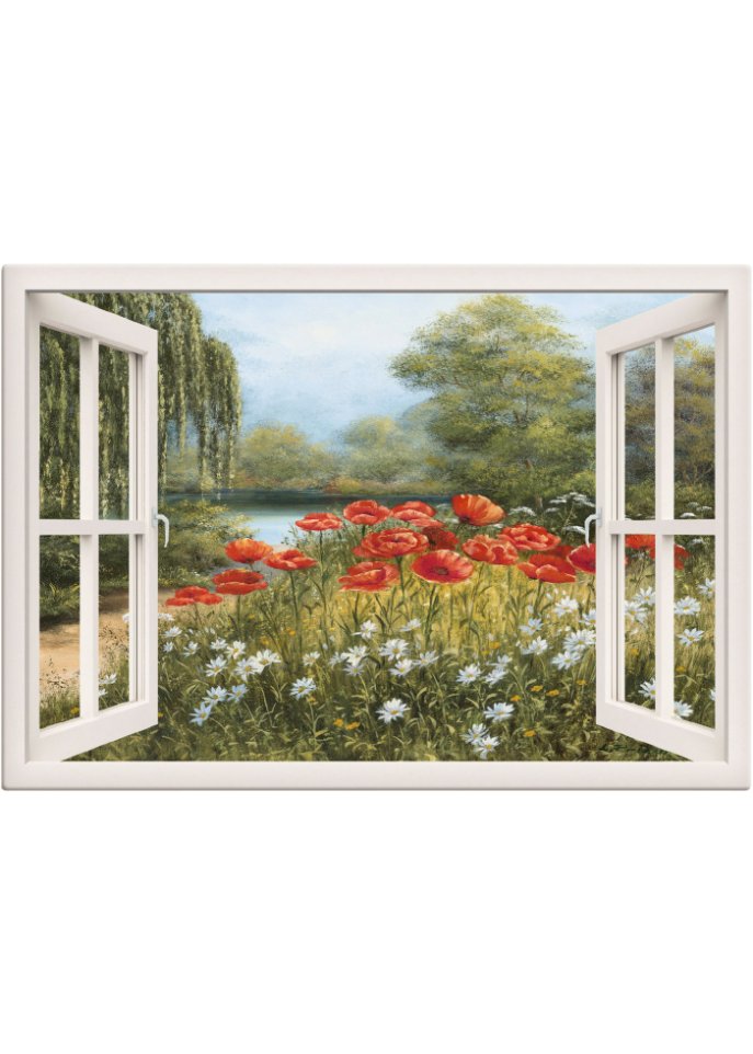 Leinwandbild mit Fensterblick auf Mohnwiese