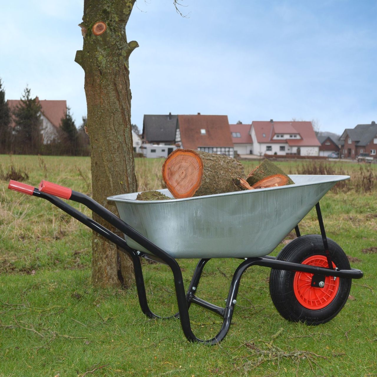 TroniTechnik GARMIO® Schubkarre 85 Liter bis 160 kg Garten Bauschubkarre, Gummi-Luftreifen mit Felge - verzinkt