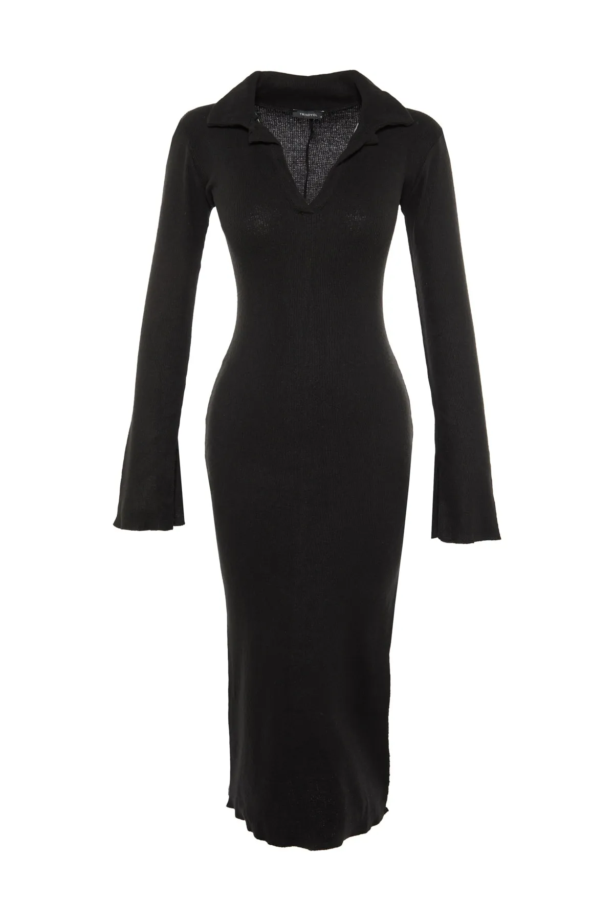 Trendyol Collection  Schwarzes, figurbetontes Maxi-Bleistiftkleid aus geripptem Strick mit Polokragen und Fake-Strick TWOAW23EL00164