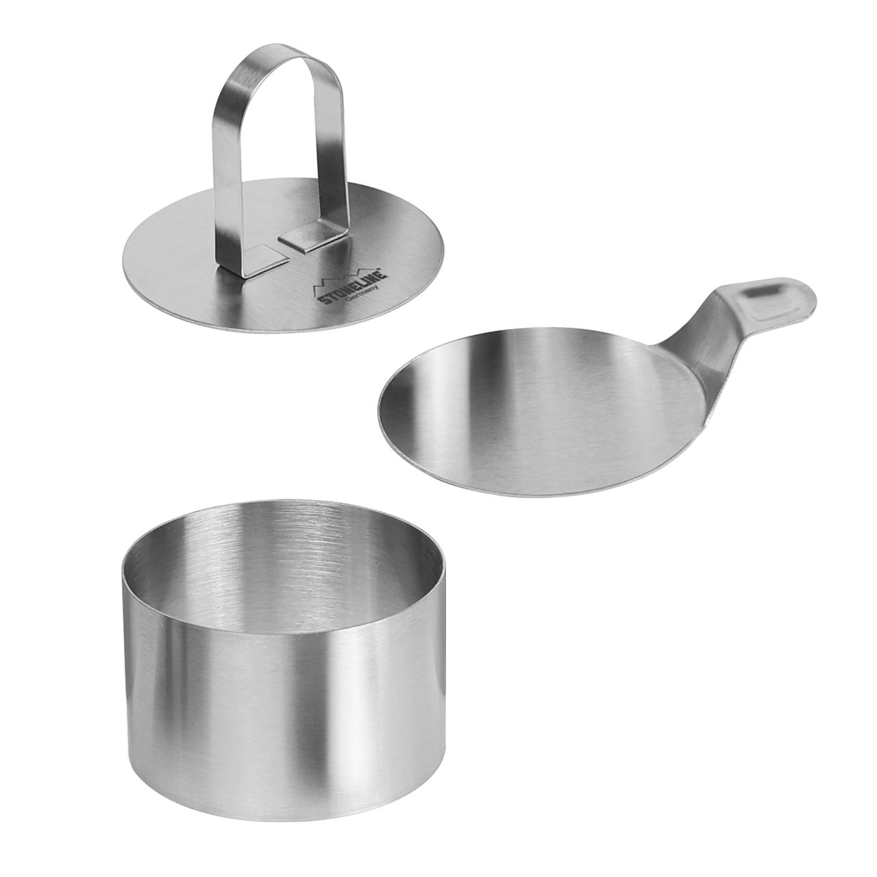 STONELINE® Dessert- und Speiseringe Set, 8-teilig, Edelstahl, 6 Ringe, 1 Heber, 1 Stempel, Lebensmittel Presse