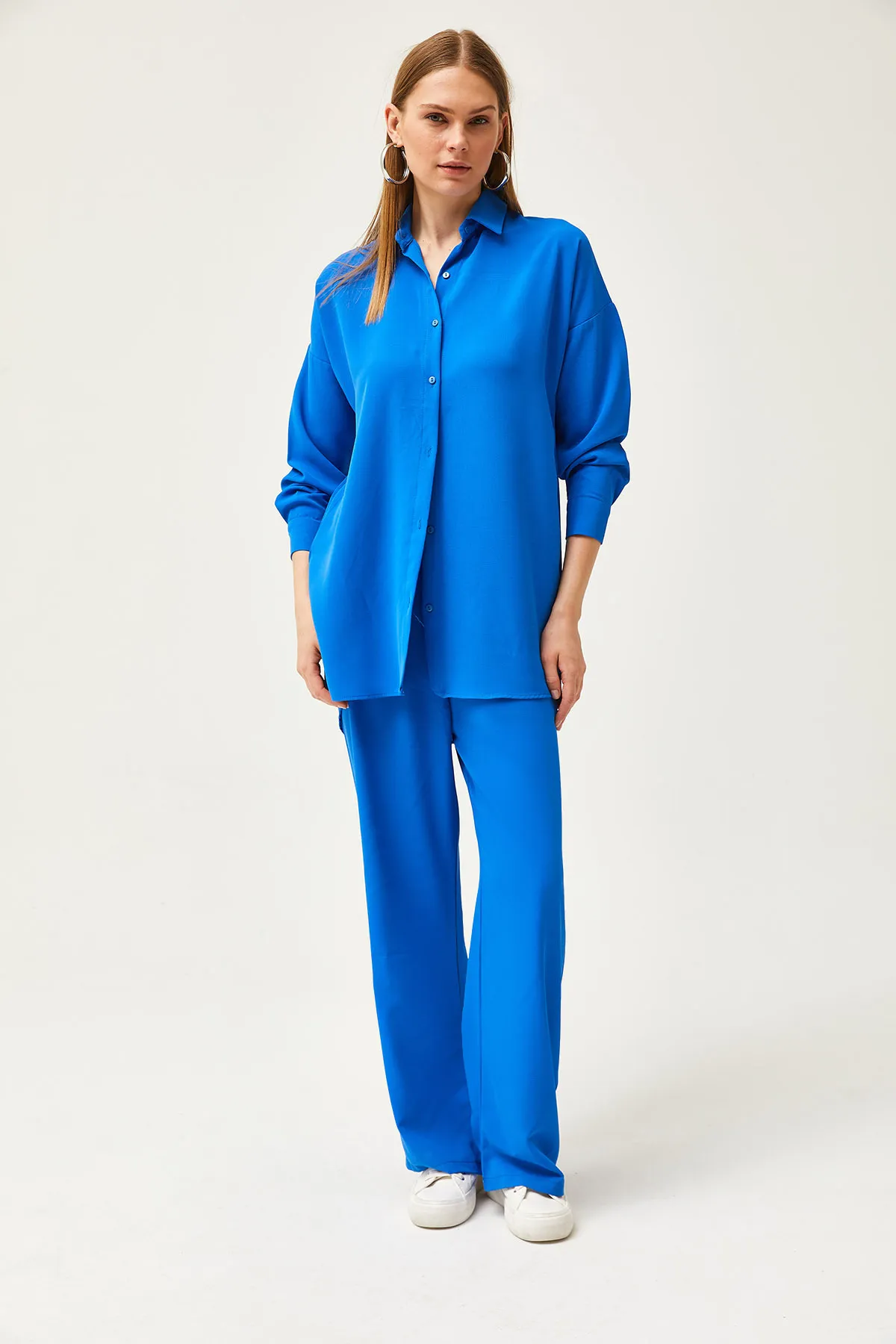 Olalook  Damen Saks Blau Drapiertes Hemd Hosen Set TKM-19000283