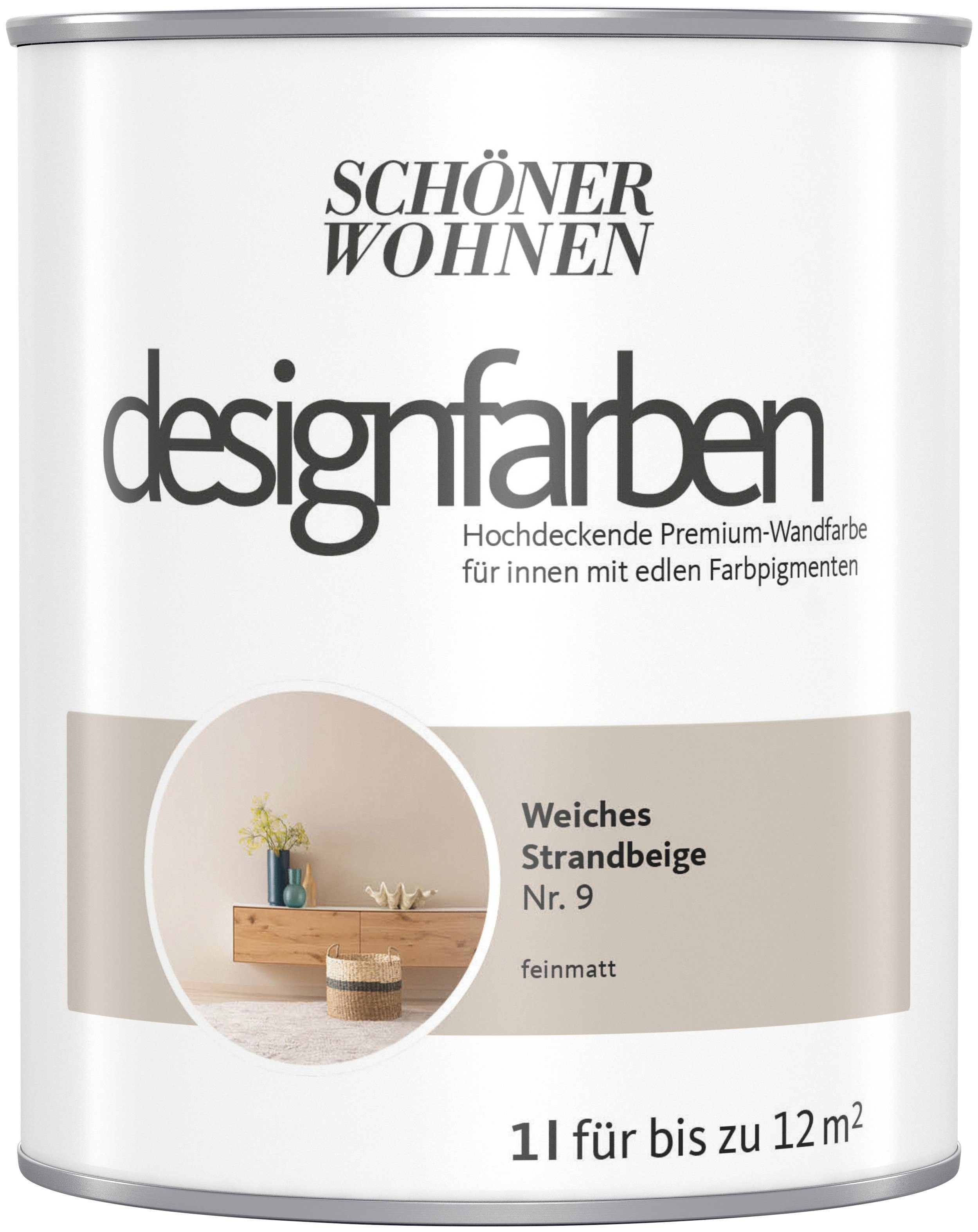 SCHÖNER WOHNEN FARBE Wand- und Deckenfarbe Designfarben, 1 Liter, Weiches Strandbeige Nr. 9, hochdeckende Premium-Wandfarbe