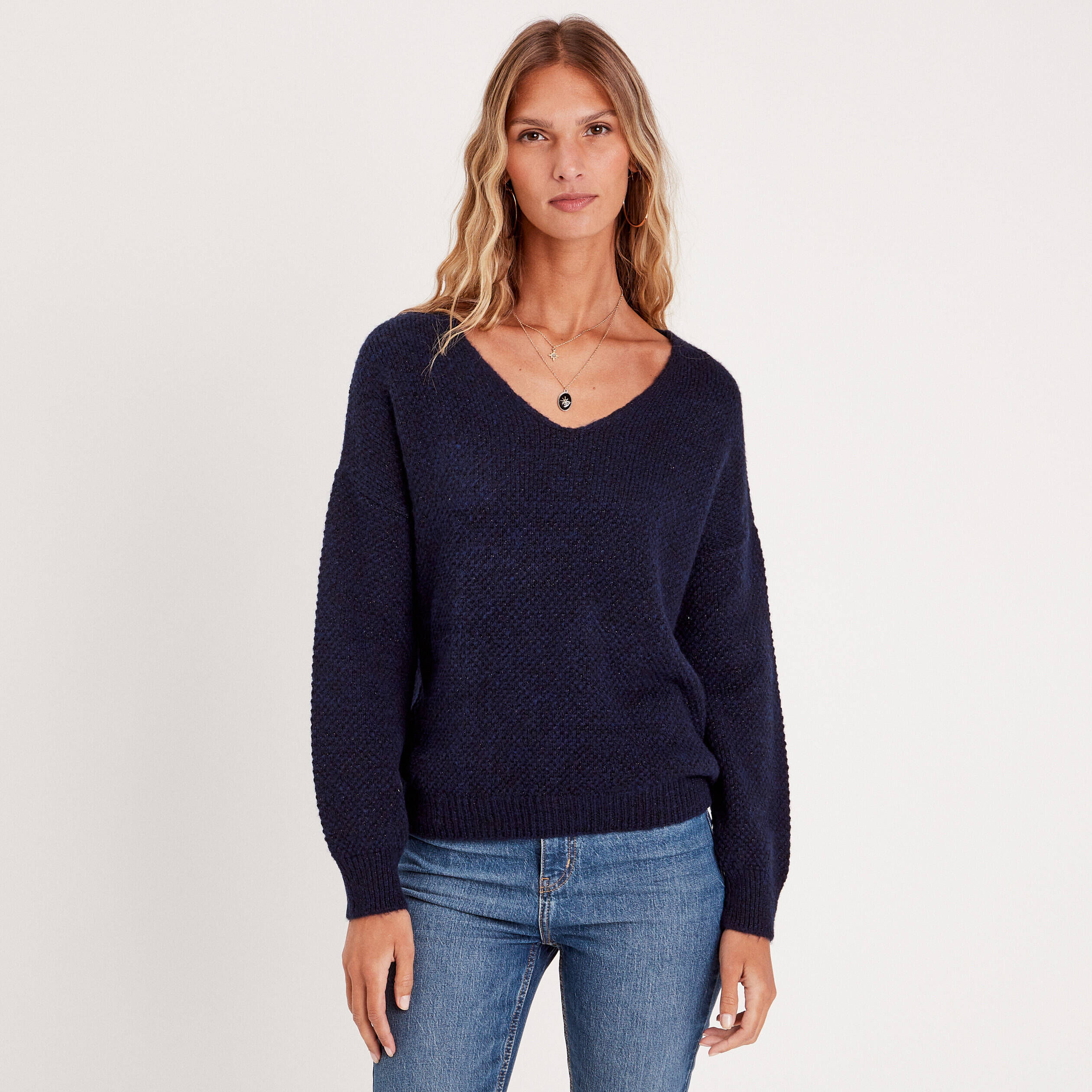 Pull manches longues col en V bleu marine femme | Cache Cache