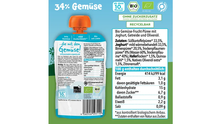 pumpkin organics Bio Quetschie Süßkartoffel, Joghurt, Trockenpflaume, Hafer 100 g