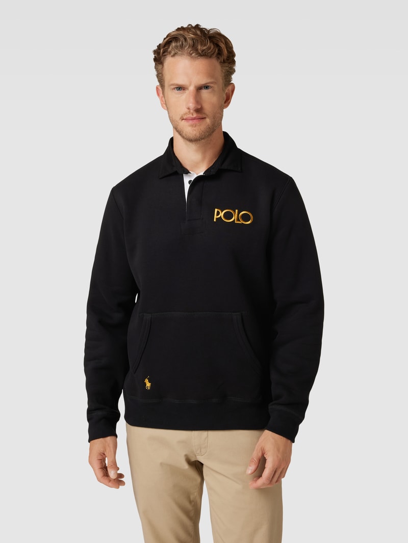 Sweatshirt mit Polokragen und Logo-Stitching in schwarz