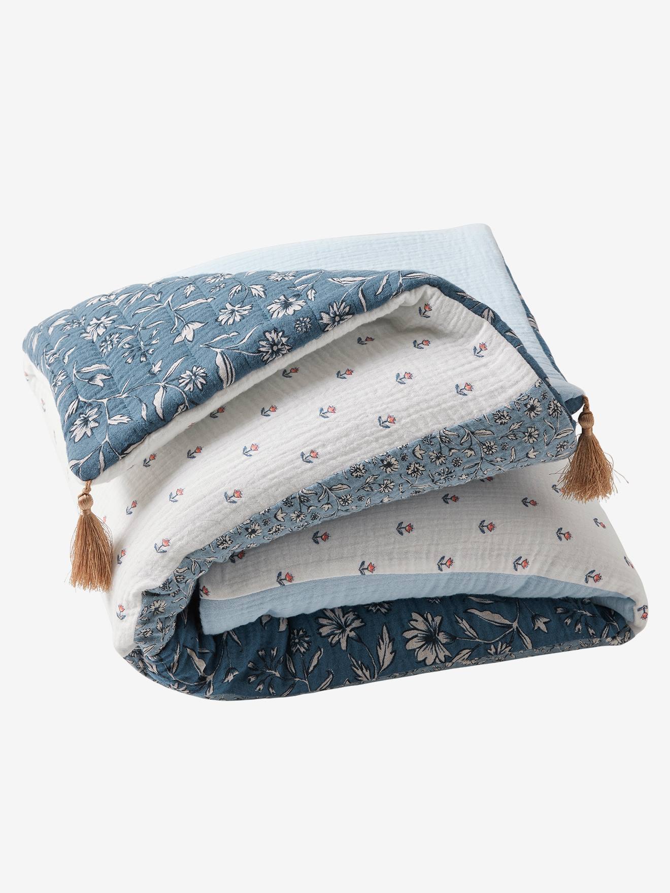 Vertbaudet Baby Patchwork-Spieldecke/ Laufstalleinlage INDIEN BLUME, Quasten - blau bedruckt