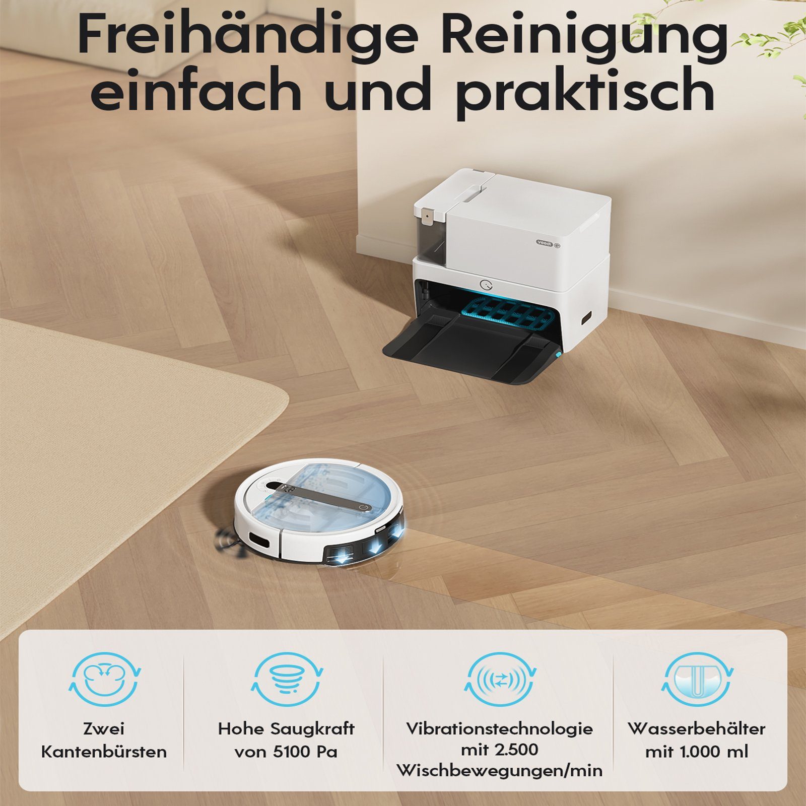 YEEDI Nass-Trocken-Saugroboter aus ECOVACS, Cube, 5100 Pa, automatisches Anheben der Wischplatte, 80,00 W, beutellos, selbstwaschend & selbsttrocknend & selbstentleerend