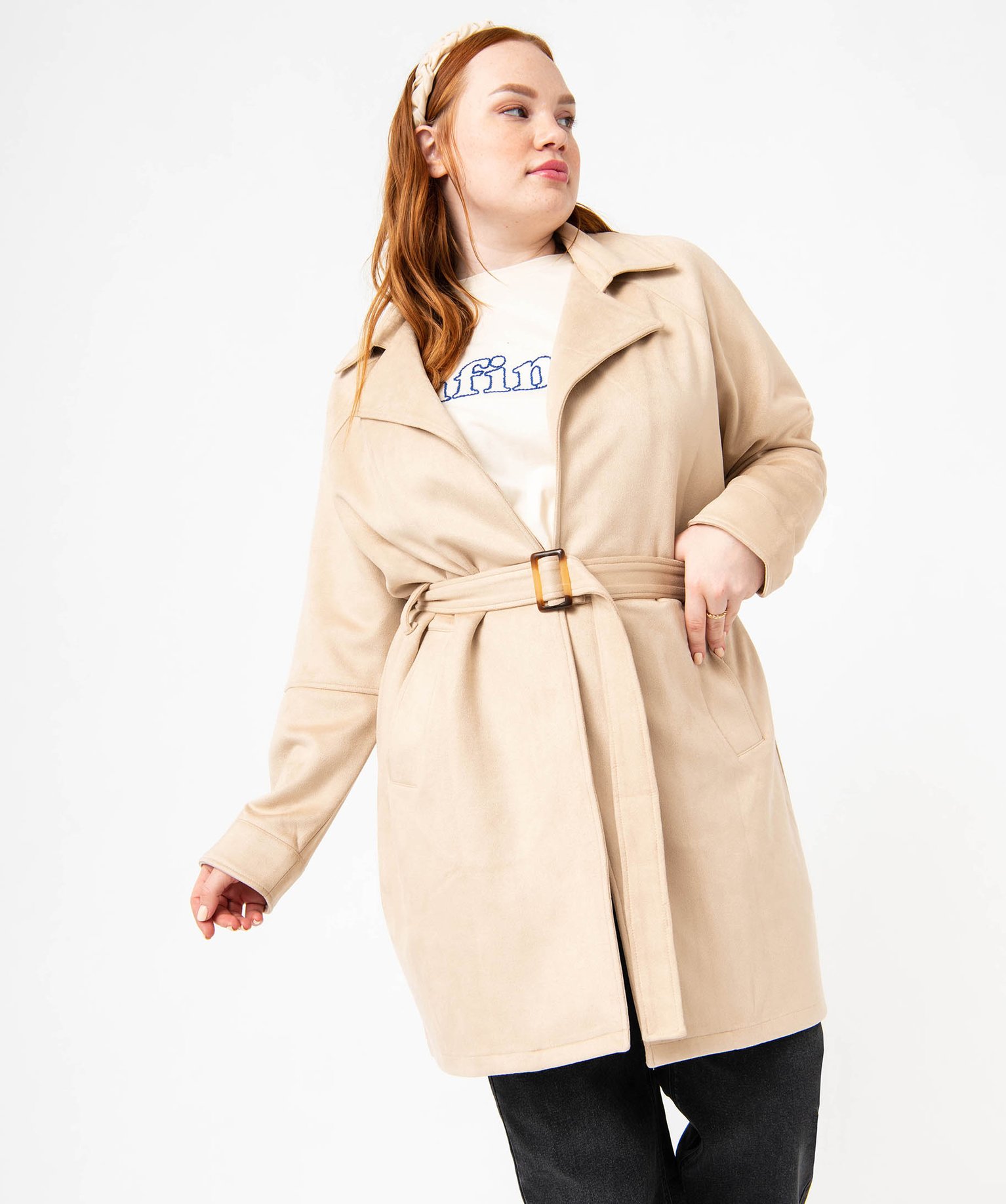 Trench en suédine avec ceinture femme grande taille beige | GEMO