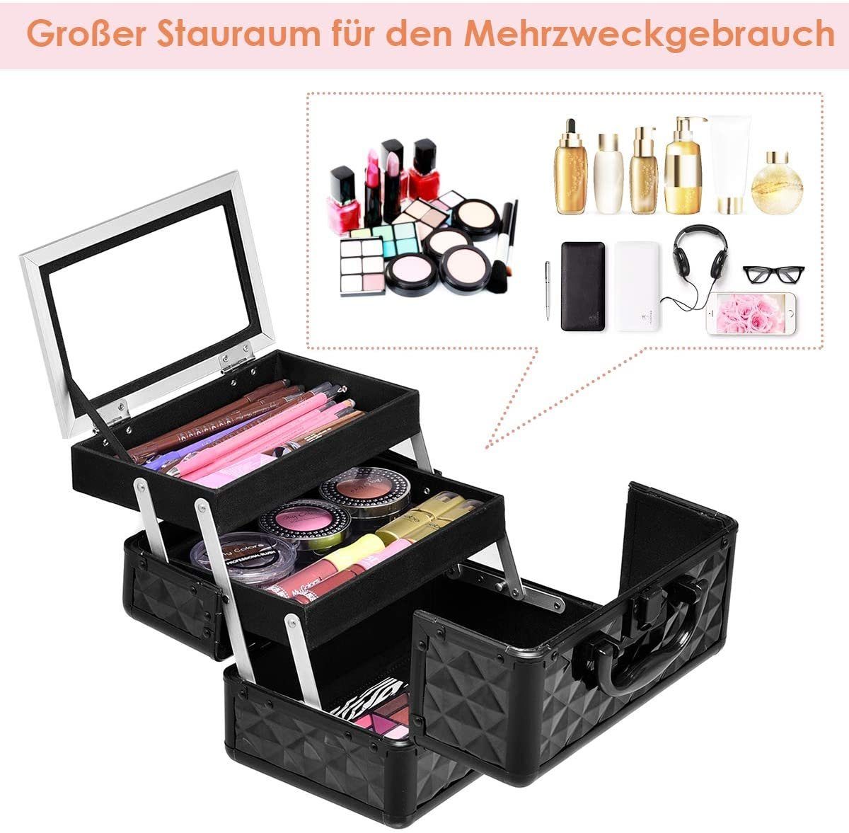 COSTWAY Kosmetikkoffer Schmuckkoffer, mit Spiegel, 23 x 15 x 18cm