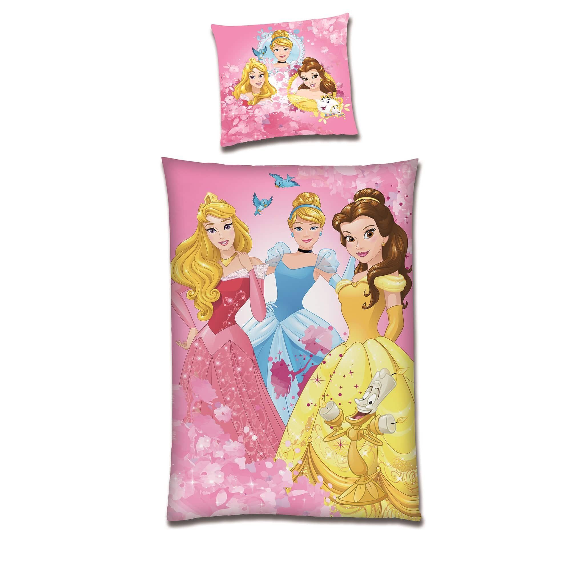 Kinderbettwäsche  Prinzessinnen 135x200 80x80 cm, extra flauschig, Familando, Microfaser-Fleece, 2 teilig, mit Dornröschen, Cinderella und Belle