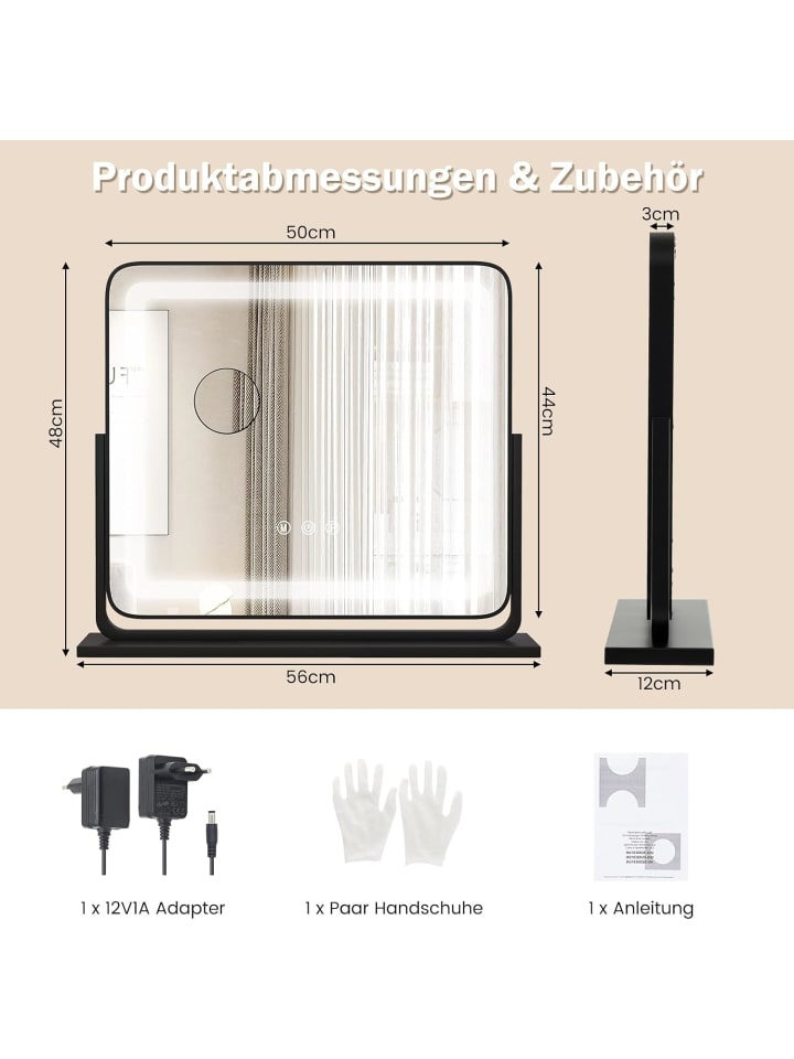 COSTWAY Kosmetikspiegel mit 3 Lichtfarben in Schwarz günstig kaufen 48 cm