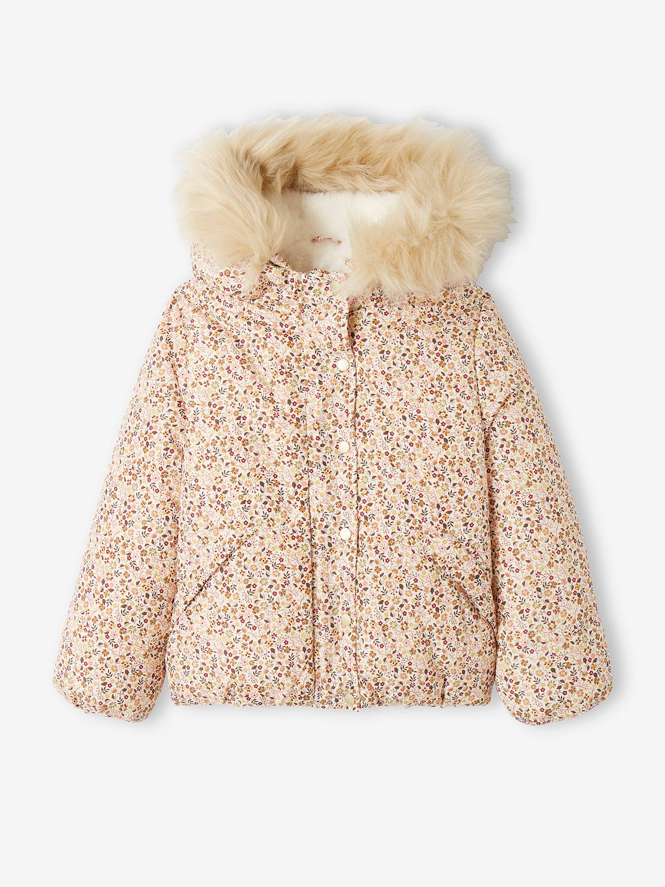 Doudoune courte à capuche imprimée fleurs fille lilas clair