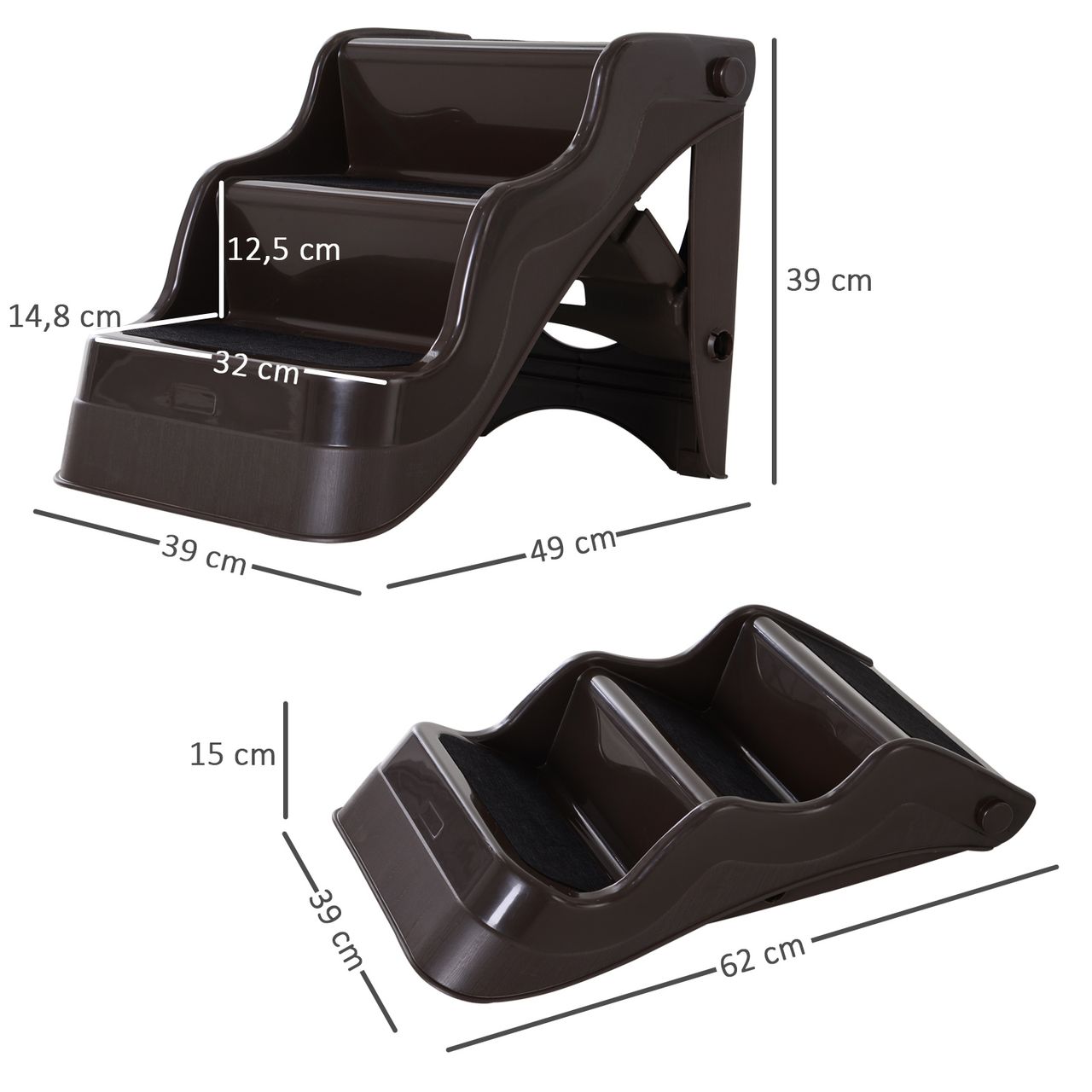 PawHut Hundetreppe Katzentreppe Haustiertreppe mit 3 Stufen klappbar, Kunststoff, Dunkelbraun, 39x49x39cm