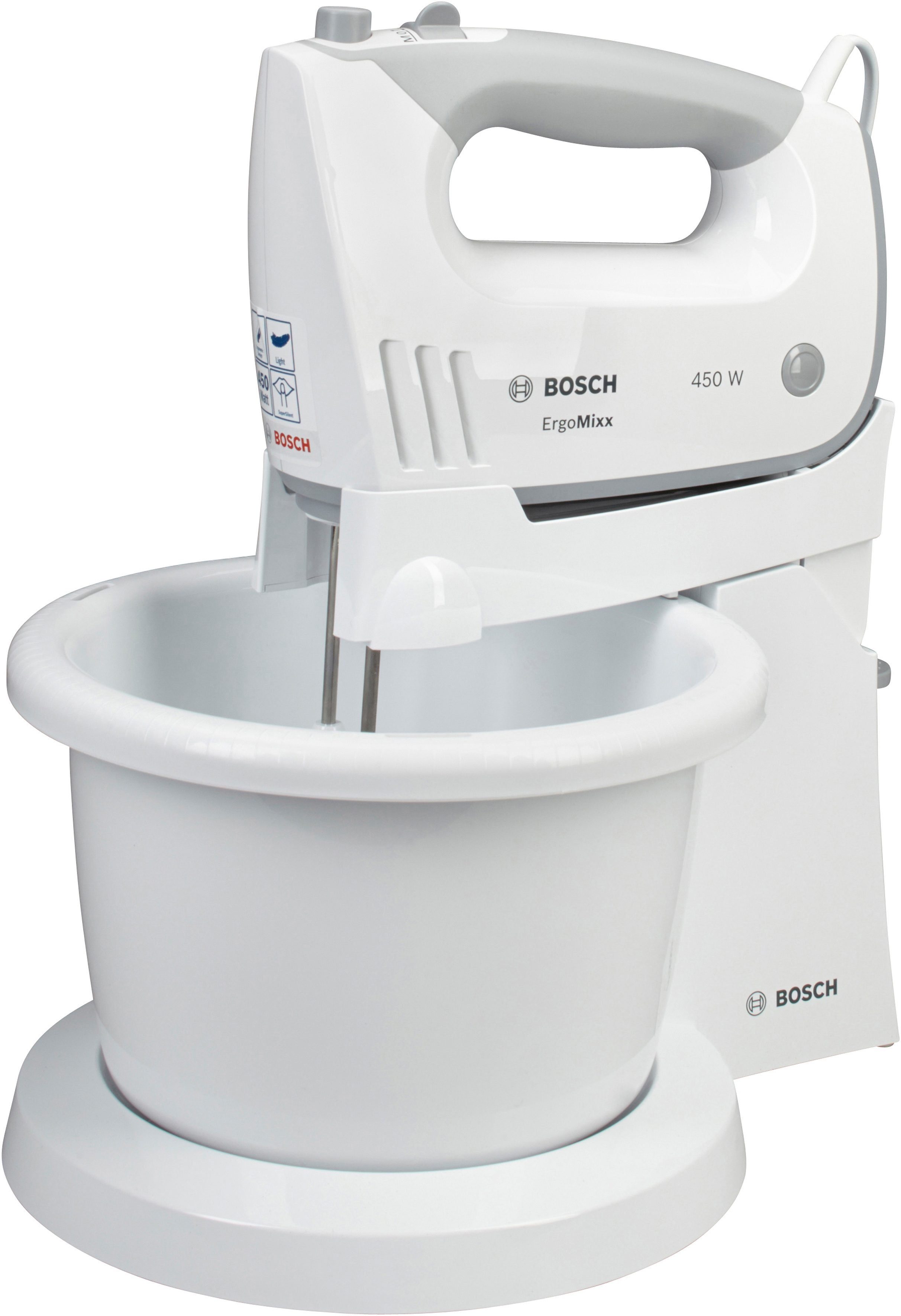 BOSCH Handmixer ErgoMixx MFQ36460, 450 W, 2 Rührbesen, 2 Edelstahl-Knethaken, Rührschüssel plus Halterung