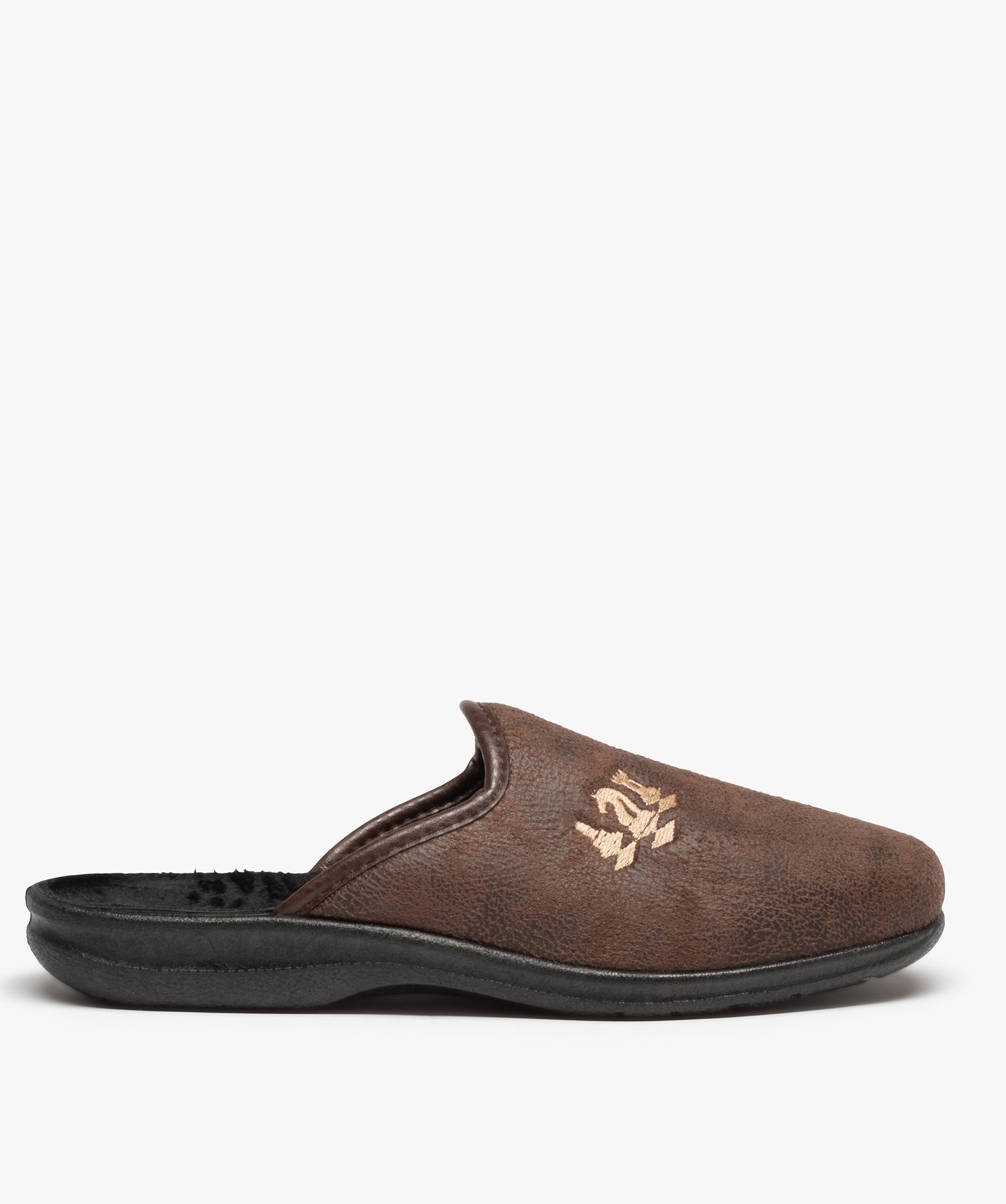 Chaussons homme mules brodées dessus cuir imitation marron | GEMO